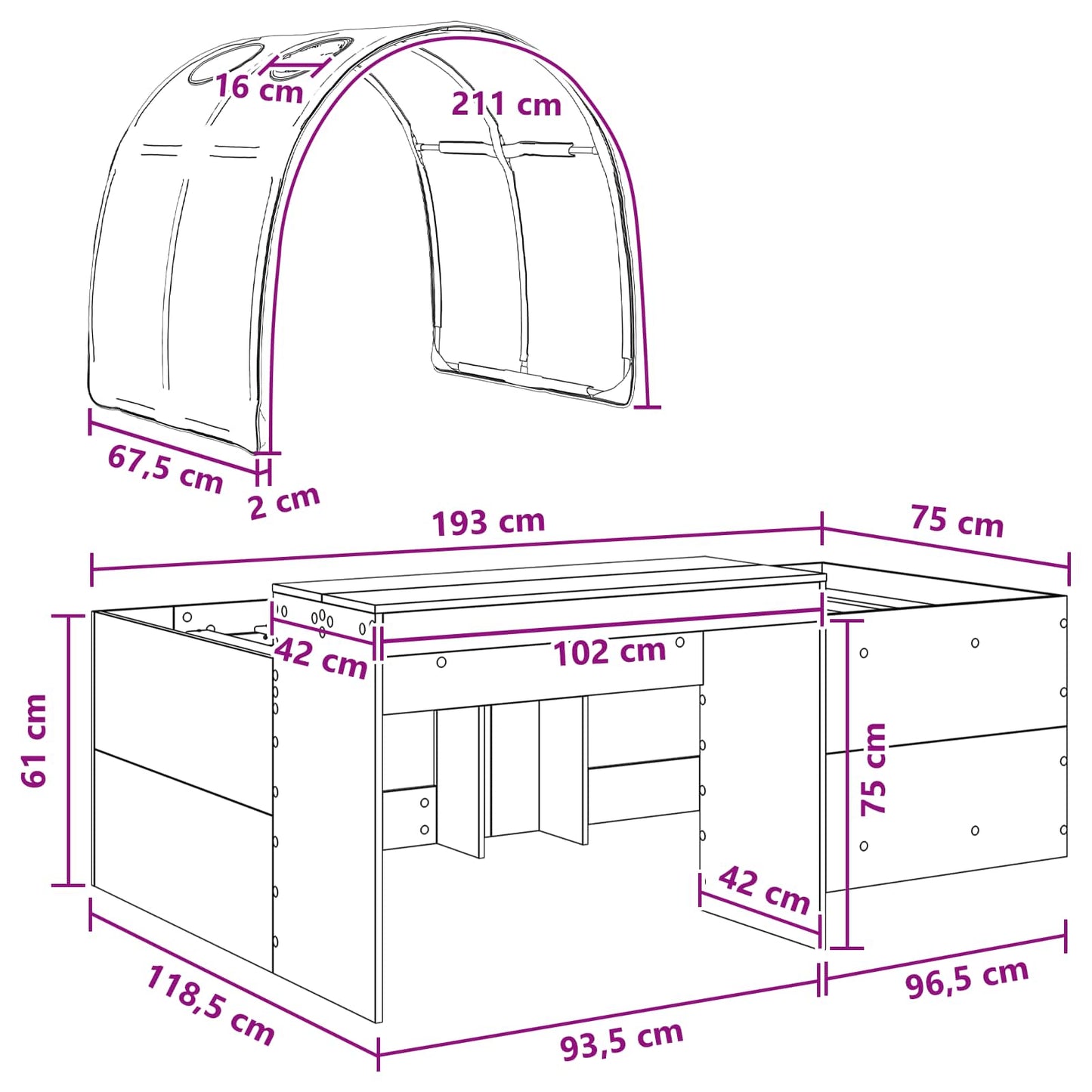 Bett mit Tunnel 3 stk. Artisian Eiche und Rot Holzwerkstoff