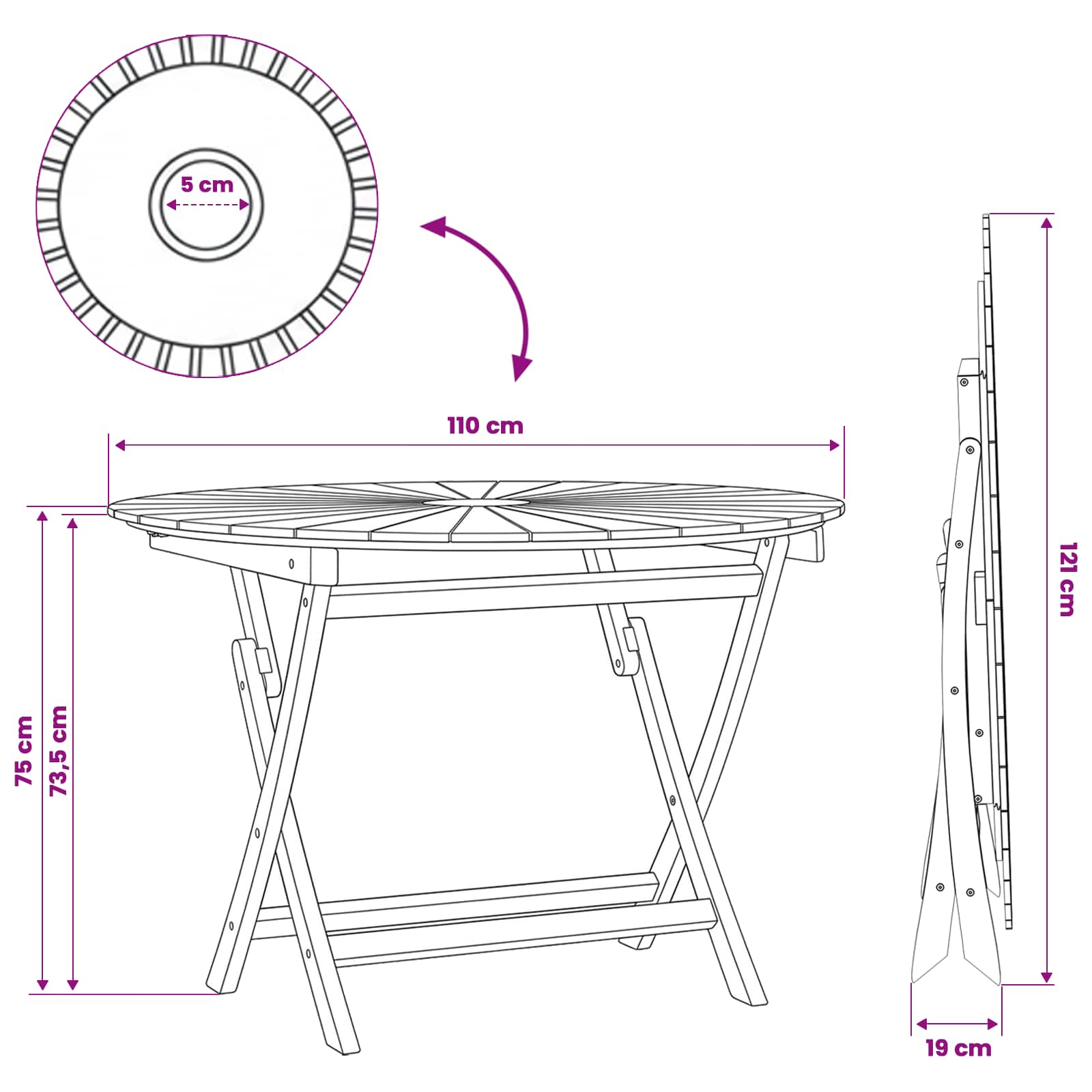 Klappbarer Gartentisch Natur Ø 110 x 75 cm Massivholz Teak