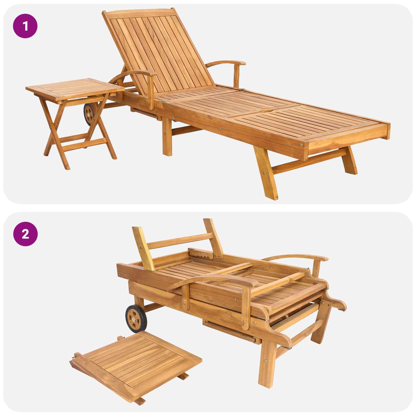 Sonnenliege mit Tisch Massivholz Teak Braun