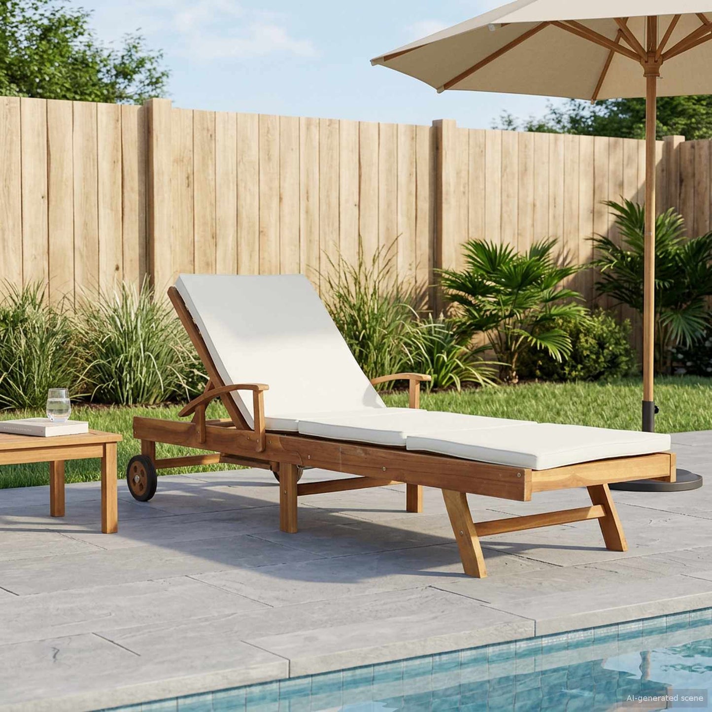 Sonnenliege mit Kissen Massivholz Teak Braun und Creme