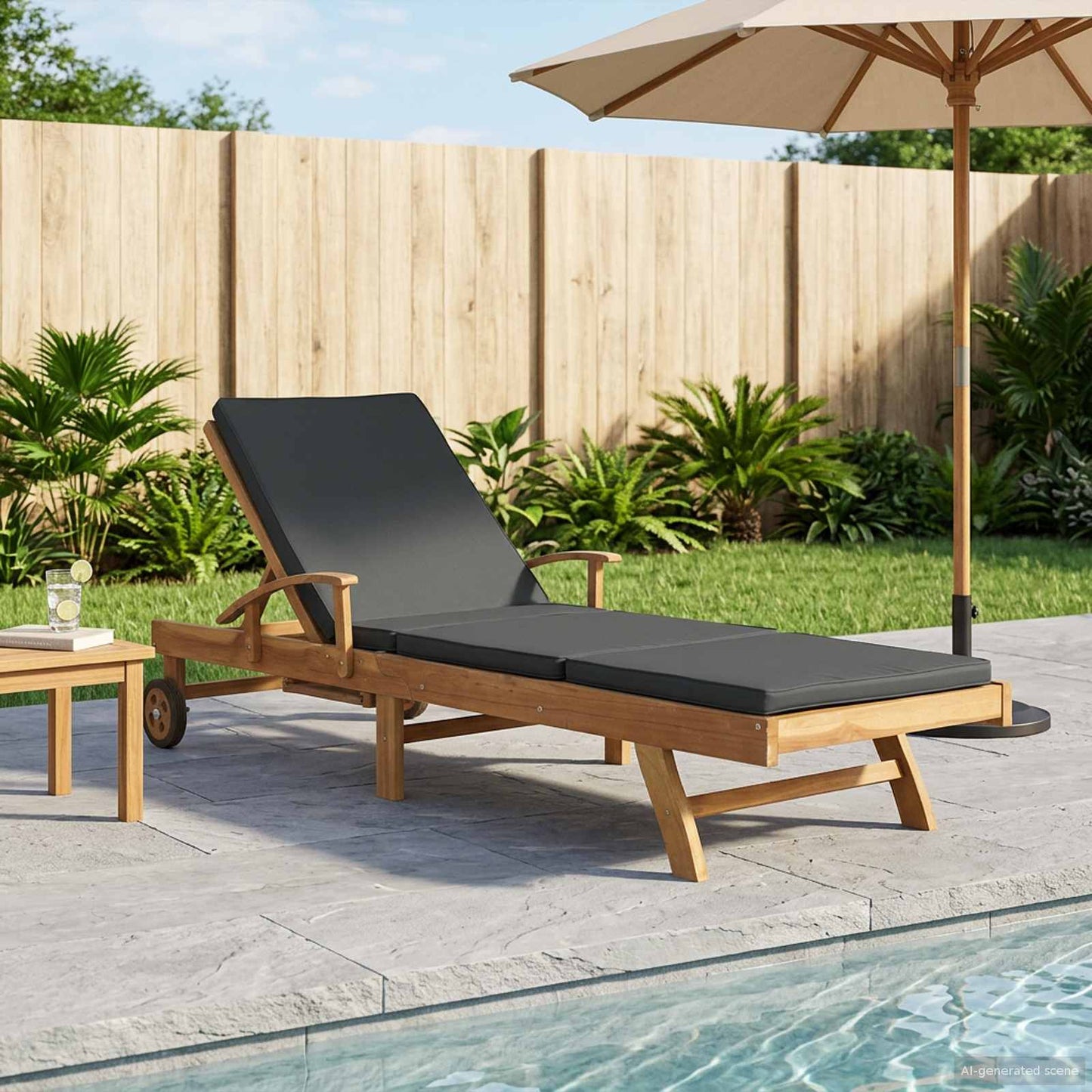 Sonnenliege mit Kissen Massivholz Teak Braun und Dunkelgrau