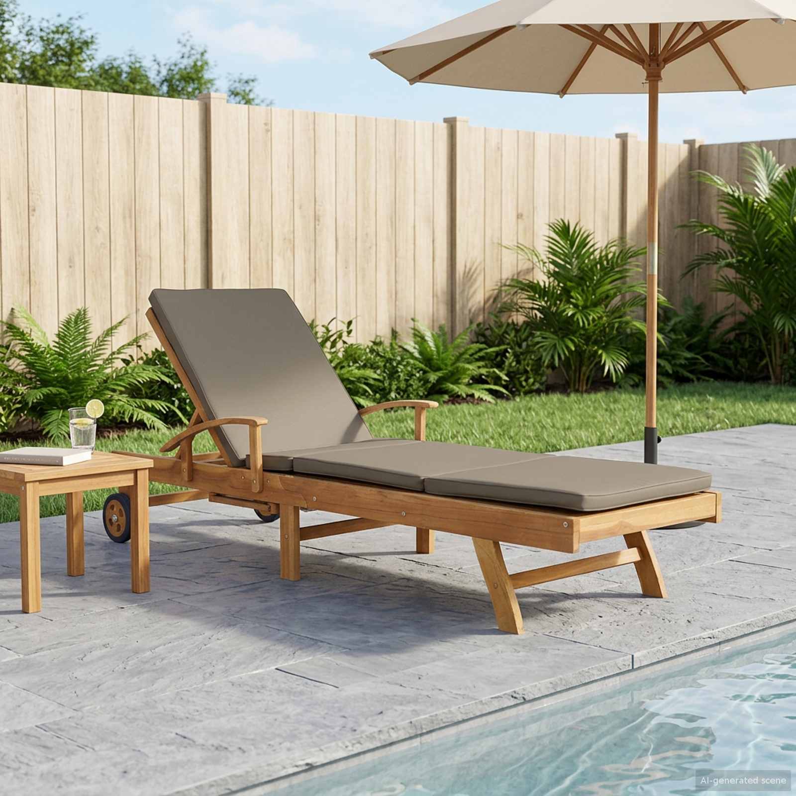 Sonnenliege mit Kissen 100% Polyester mit solidem Teak