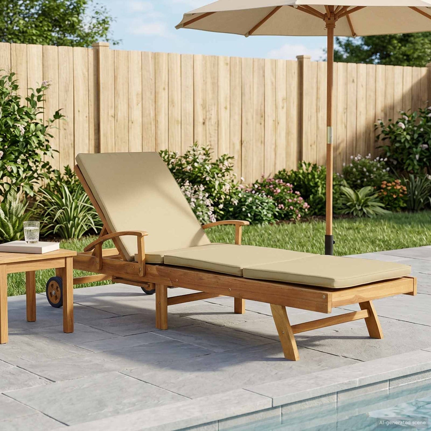 Sonnenliege mit Kissen 100% Polyester mit solidem Teak