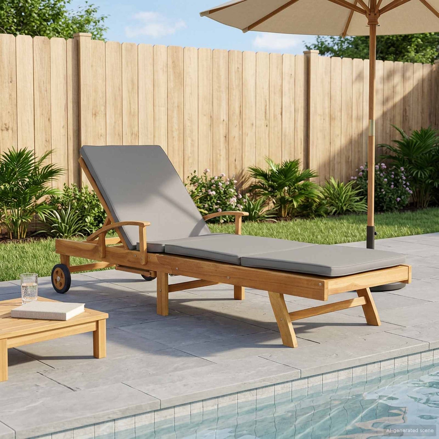 Sonnenliege mit Kissen 100% Polyester mit solidem Teak