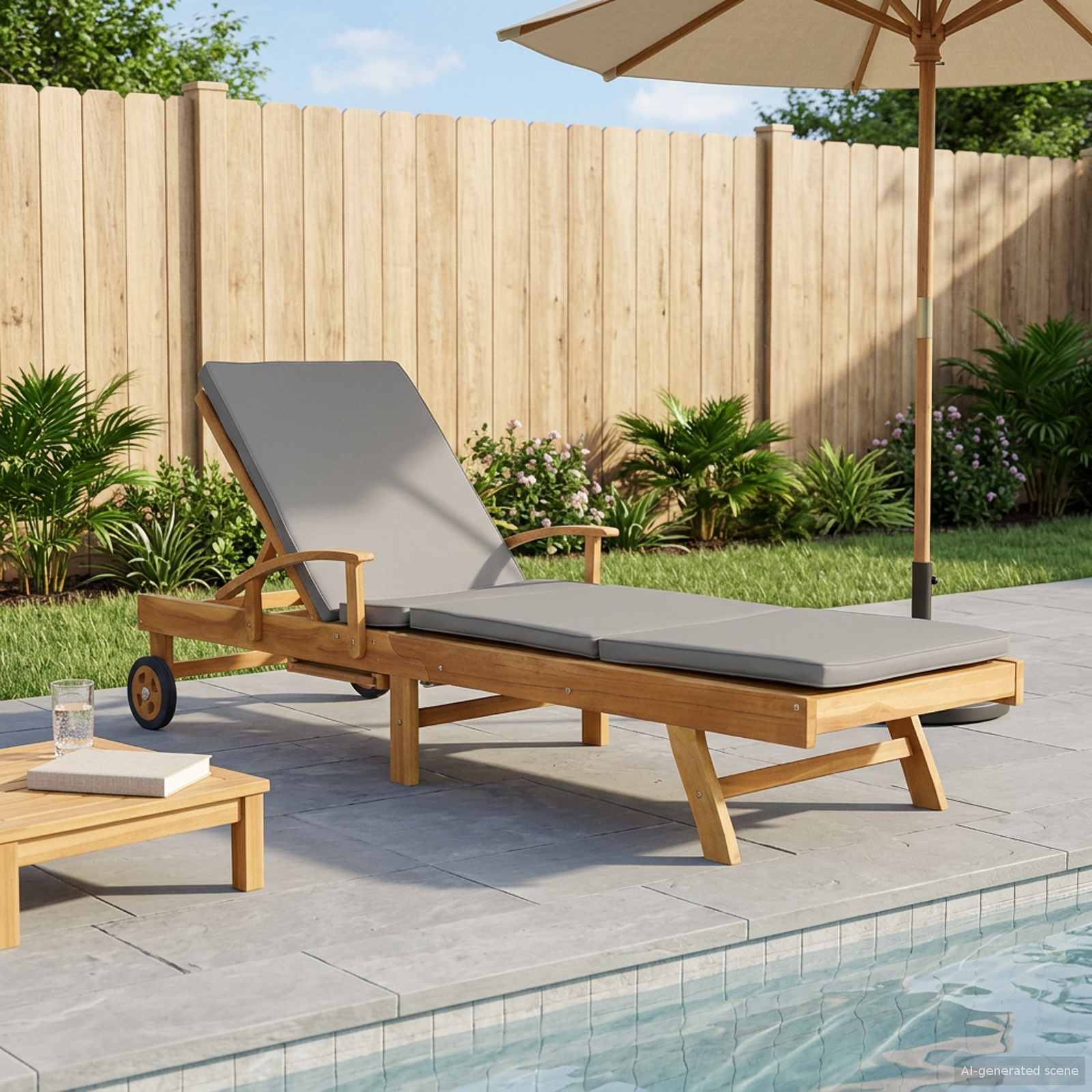 Sonnenliege mit Kissen 100% Polyester mit solidem Teak