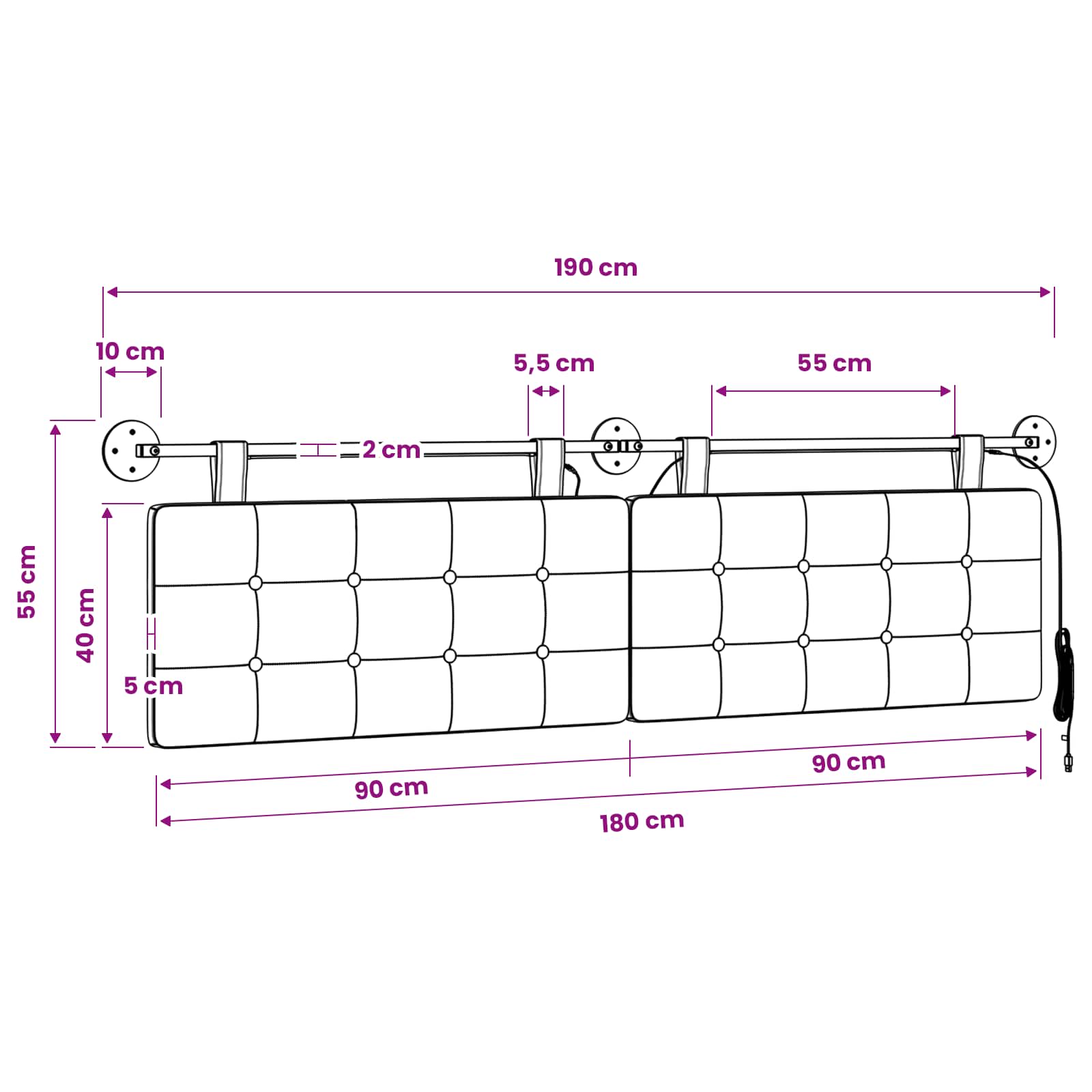 Hängendes Kopfteil Mit LED Licht Schwarz Stoff