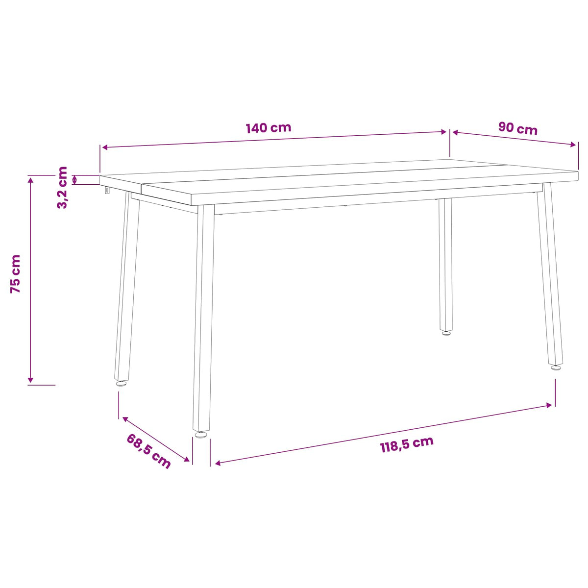 Quadratischer Esstisch 140 x 90 x 75 cm Massivholz Akazie Natur