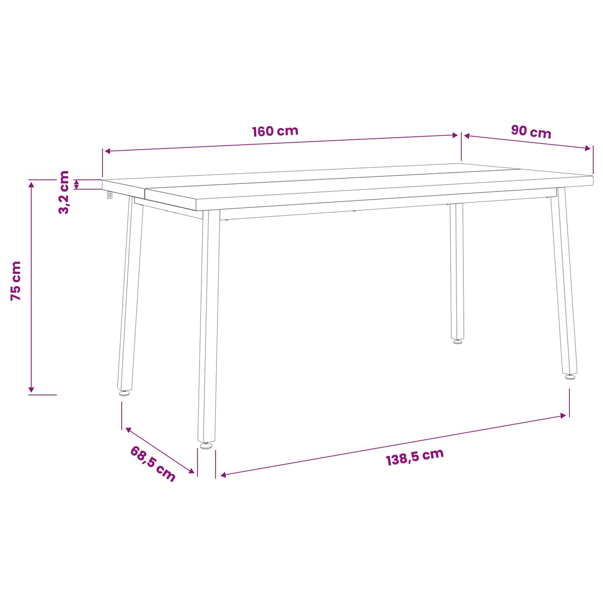 Quadratischer Esstisch 160 x 90 x 75 cm Massivholz Akazie Natur