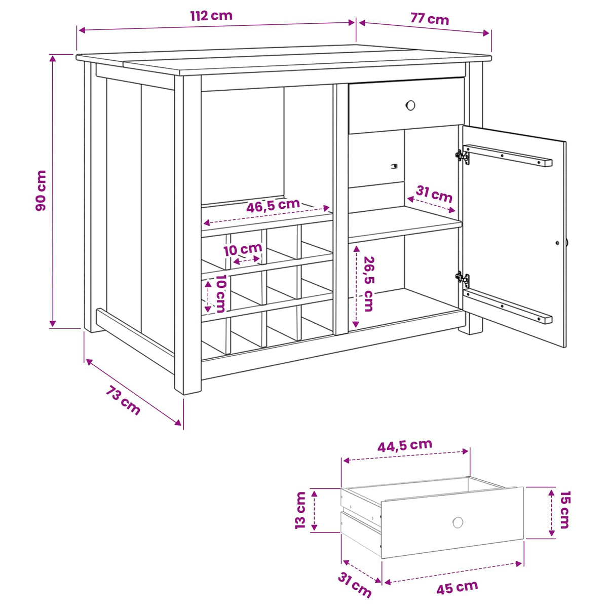 Kücheninsel Set PANAMA Weiß und Honigwachs 112 x 77 x 90 cm