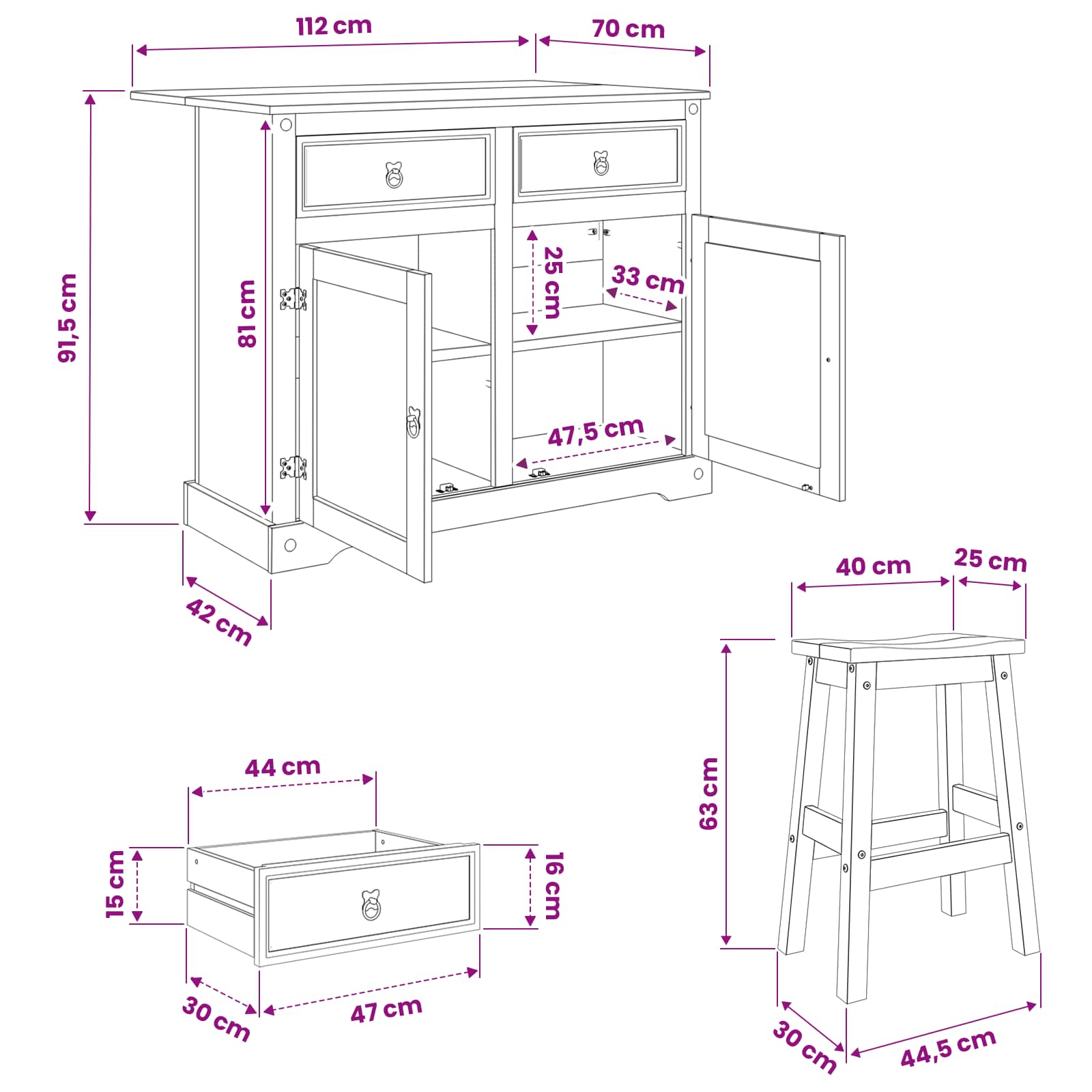 Kücheninsel Set 3 stk. CORONA Honigwachs 112 x 70 x 91,5 cm