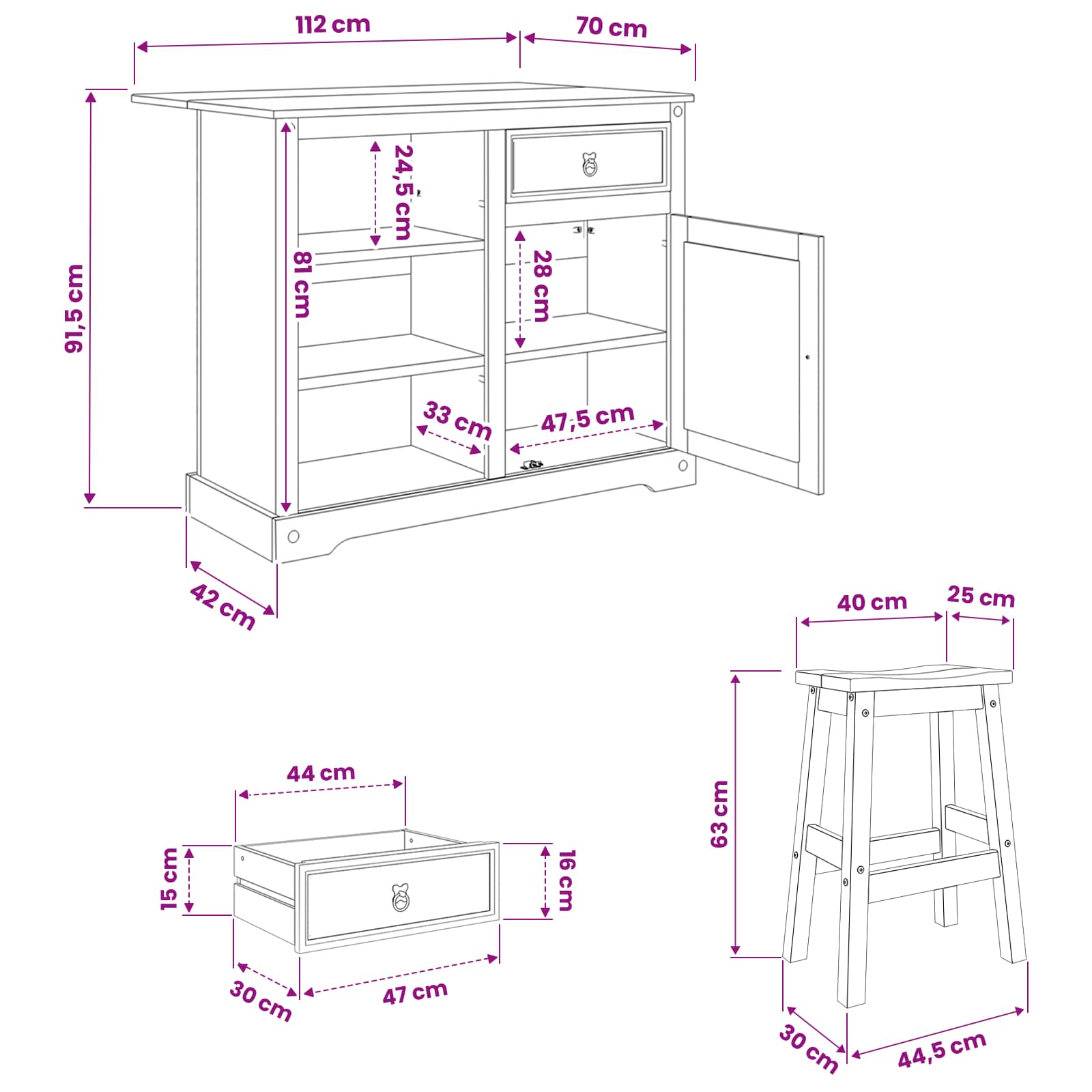 Kücheninsel Set 3 stk. Weiß und Honigwachs 112 x 70 x 91,5 cm