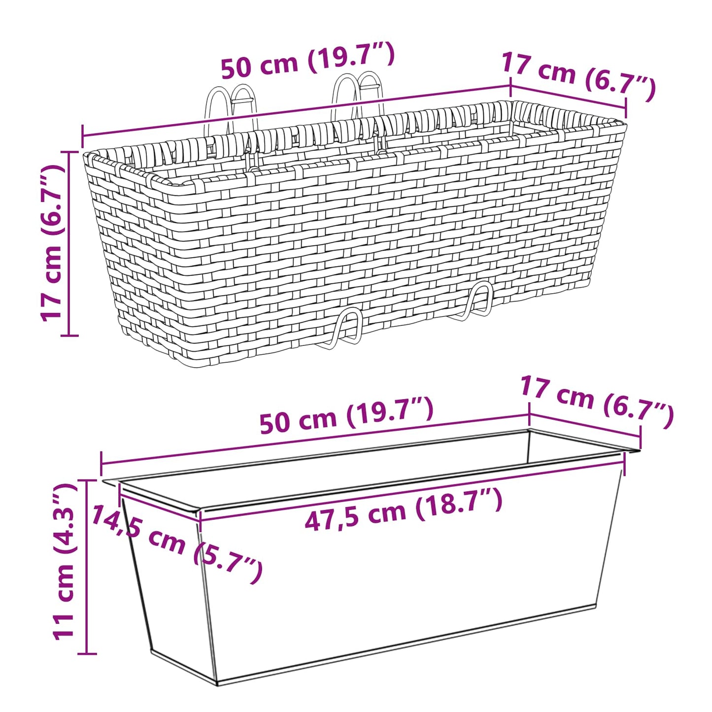 Balkon 2 stk. Schwarz 50 x 17 x 17 cm Metall
