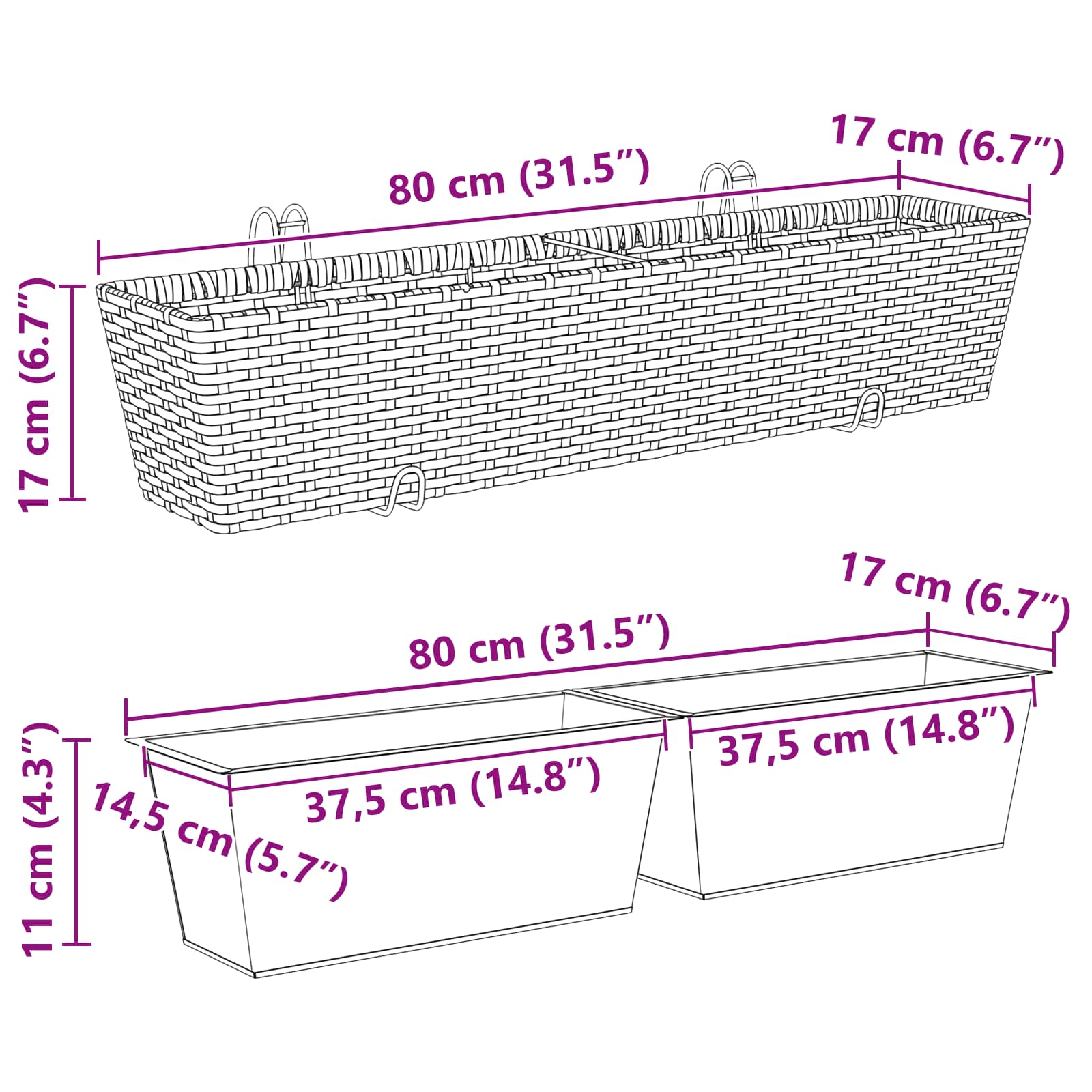 Balkon 2 Stk. Braun 80 x 17 x 17 cm Metall