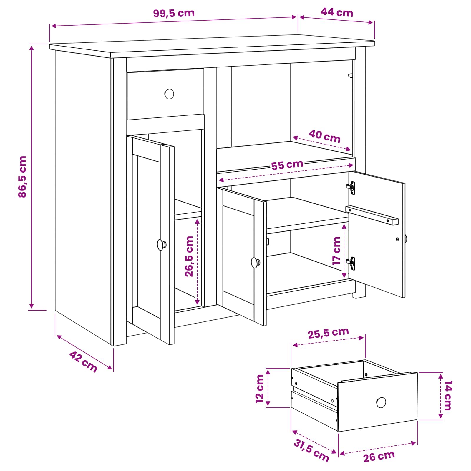 Mikrowellen-Sideboard PANAMA Honigwachs 99,5 x 44 x 86,5 cm