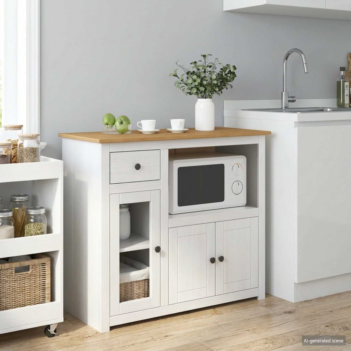 Mikrowellen-Sideboard PANAMA Weiß und Honigwachs Massiv-Kiefer