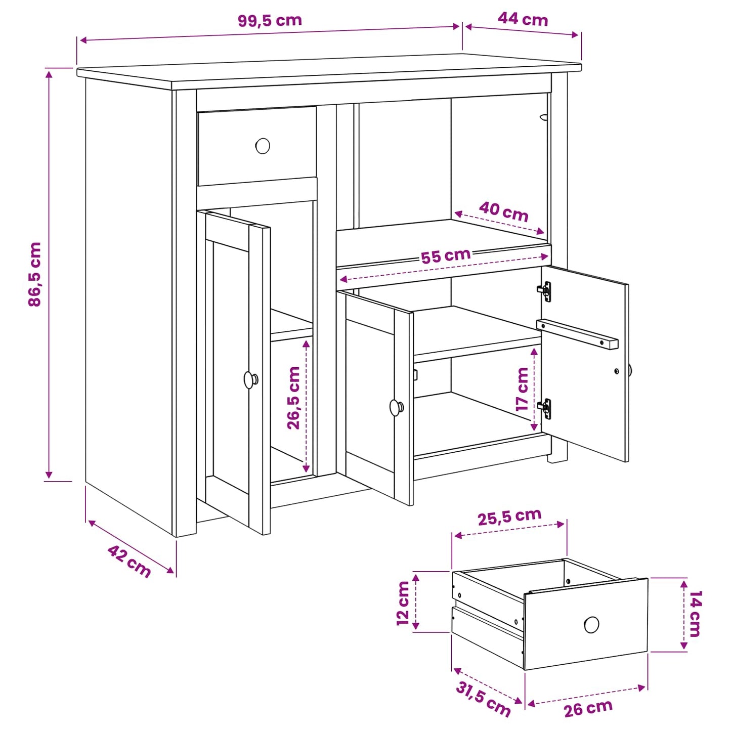 Mikrowellen-Sideboard PANAMA Weiß und Honigwachs Massiv-Kiefer