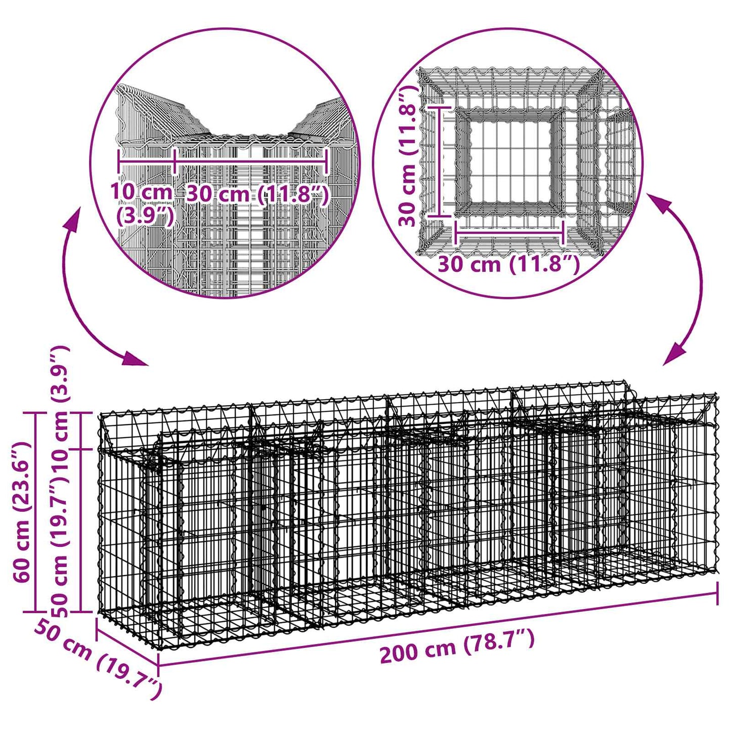 Gabionen-Hochbeet 200 x 50 x 60 cm Verzinkter Stahl Silber