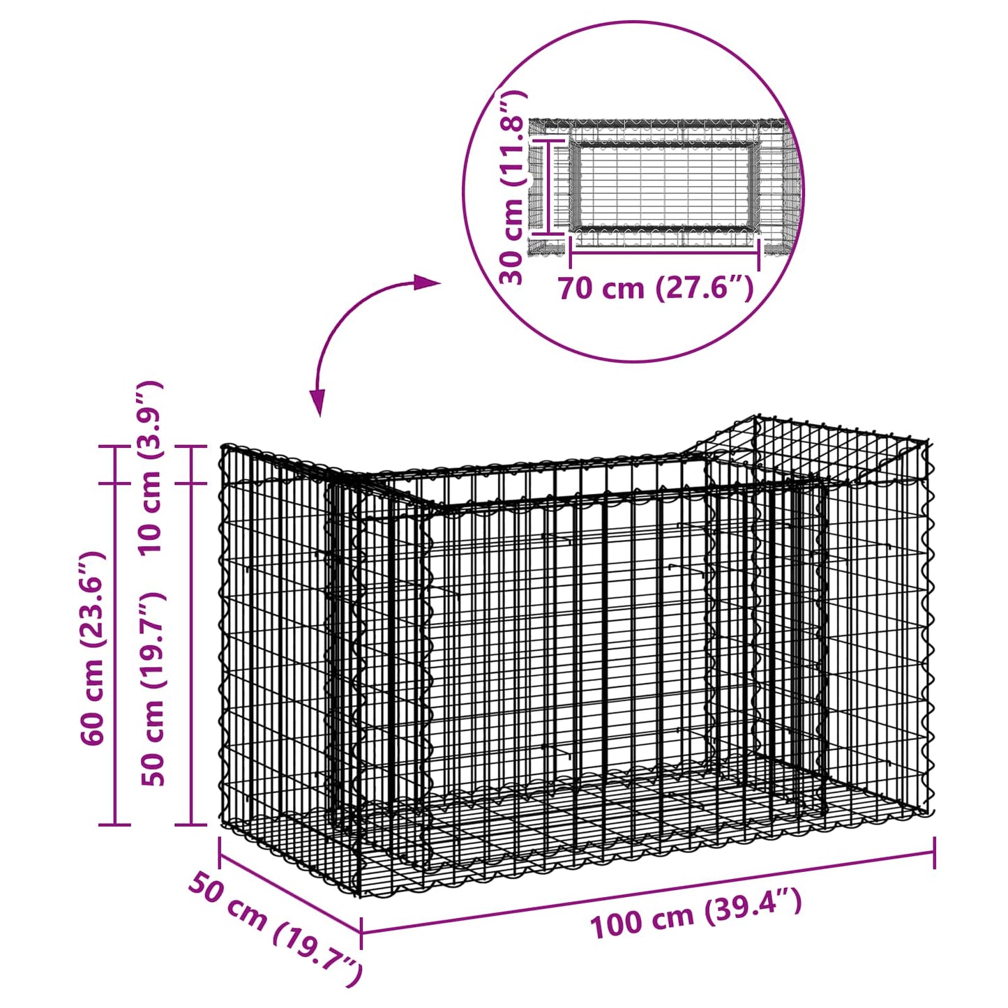 Gabionen-Hochbeet 50 x 100 x 60 cm Verzinkter Stahl Silber