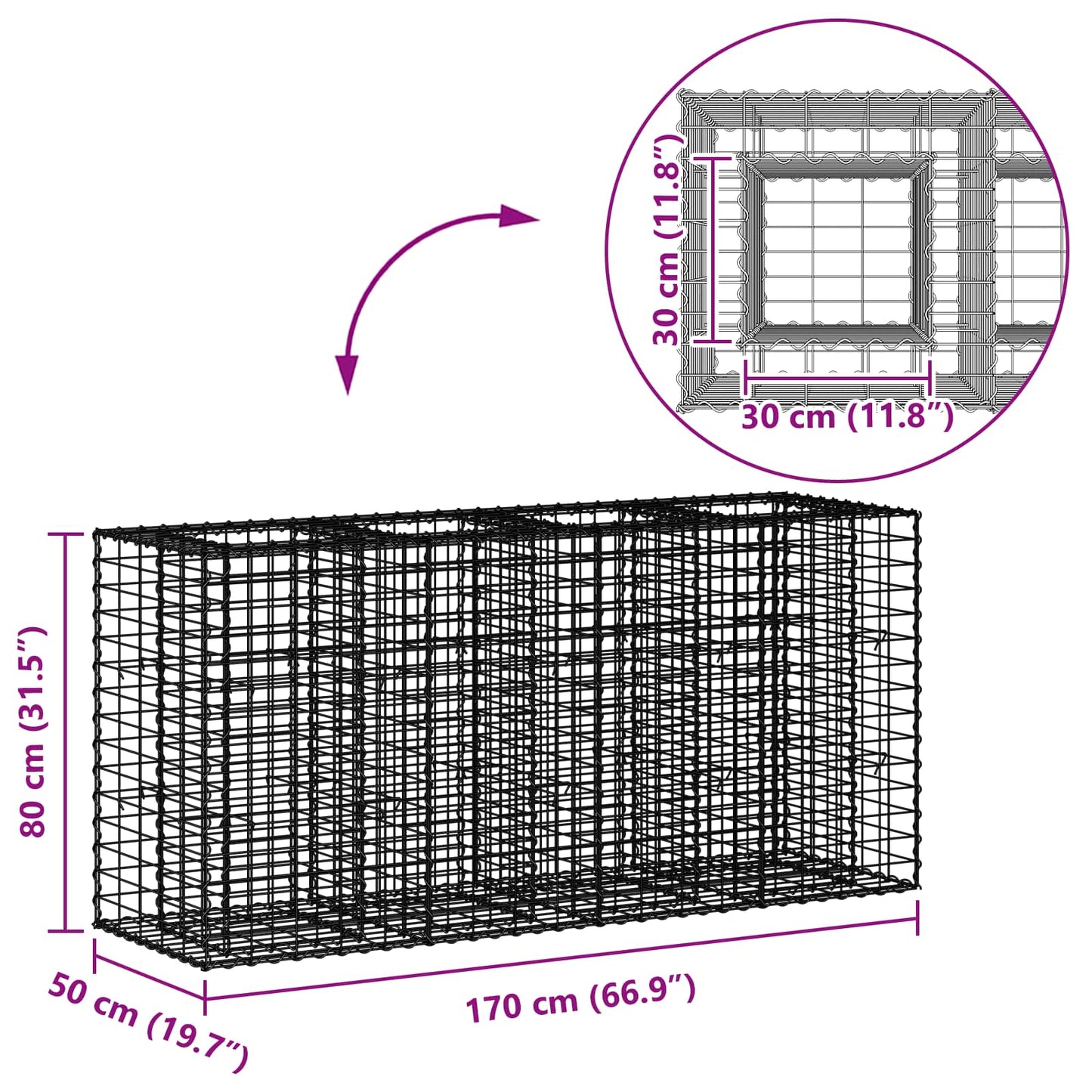 Gabionen-Hochbeet 170 x 50 x 80 cm Verzinkter Stahl Silber