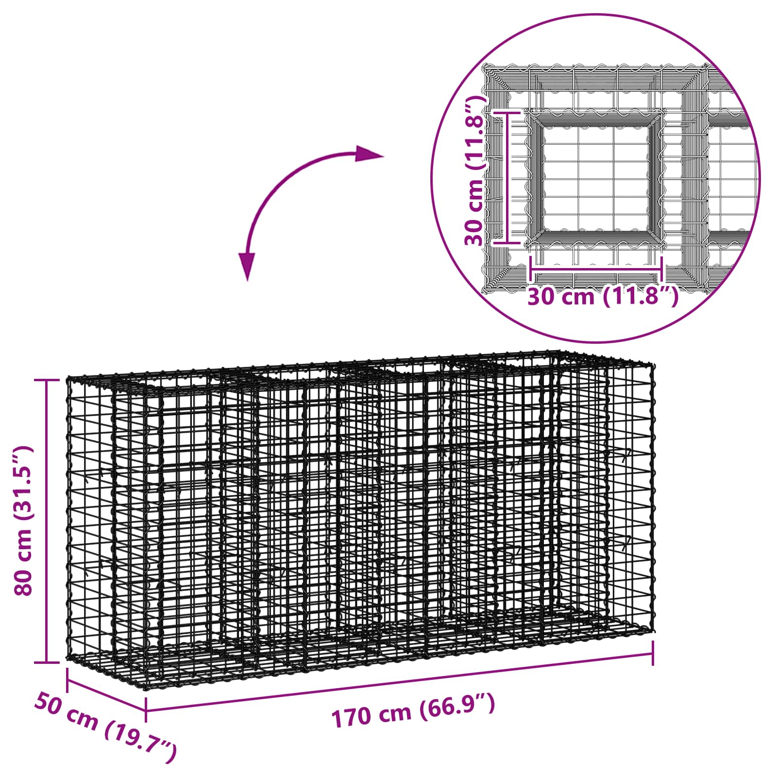 Gabionen-Hochbeet 170 x 50 x 80 cm Verzinkter Stahl Silber