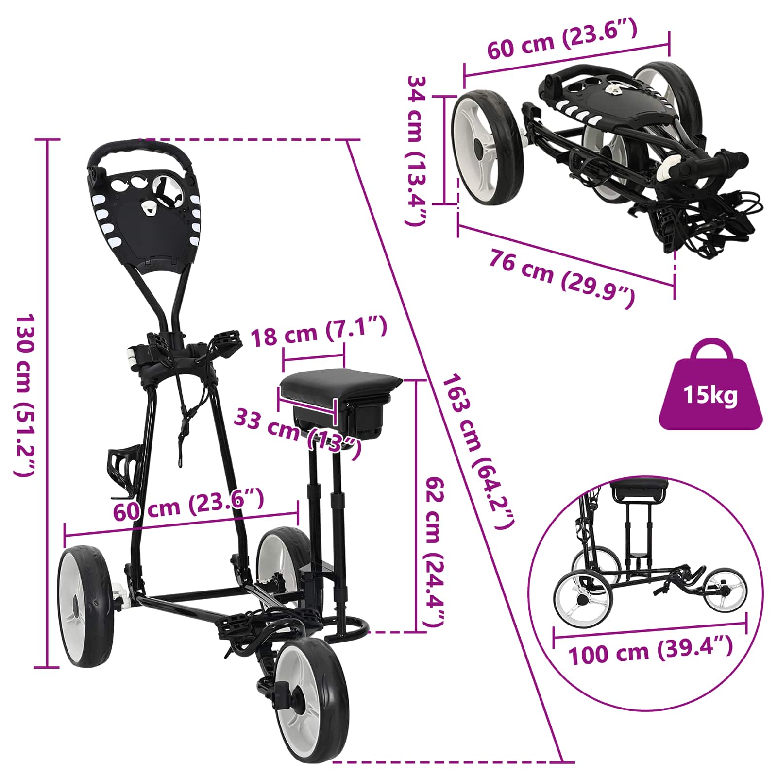 Golf-Trolley mit Sitz Schwarz und Weiß Eisen Klappbar