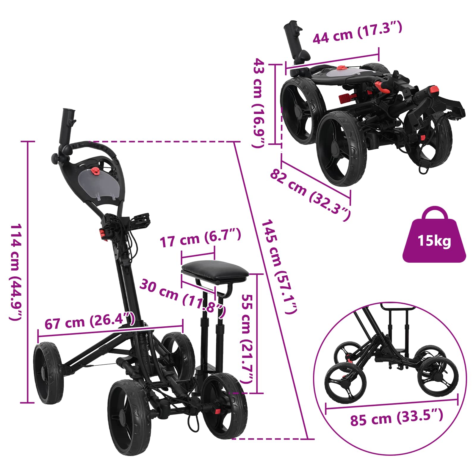 Golf-Trolley mit Sitz Schwarz Aluminium Klappbar