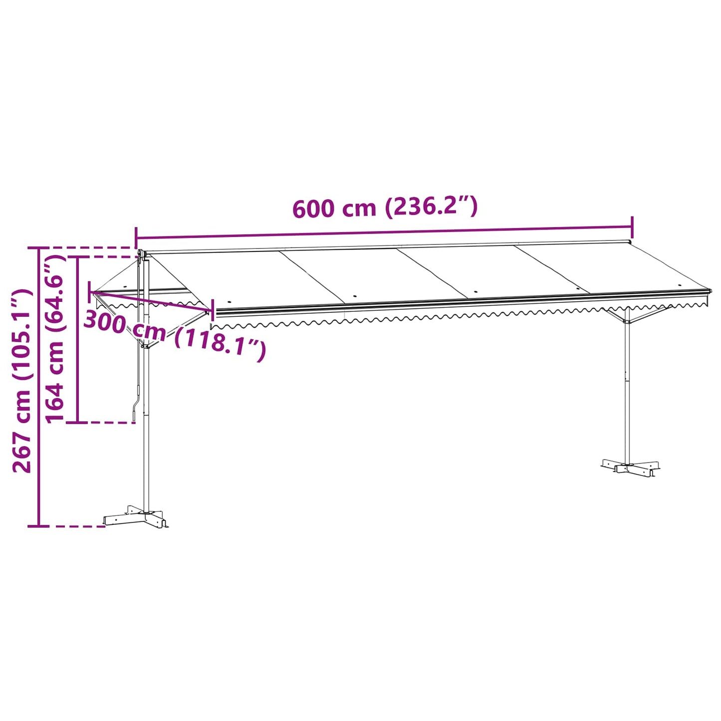 Freistehende Markise 6 x 3 m Polyester Anthrazit