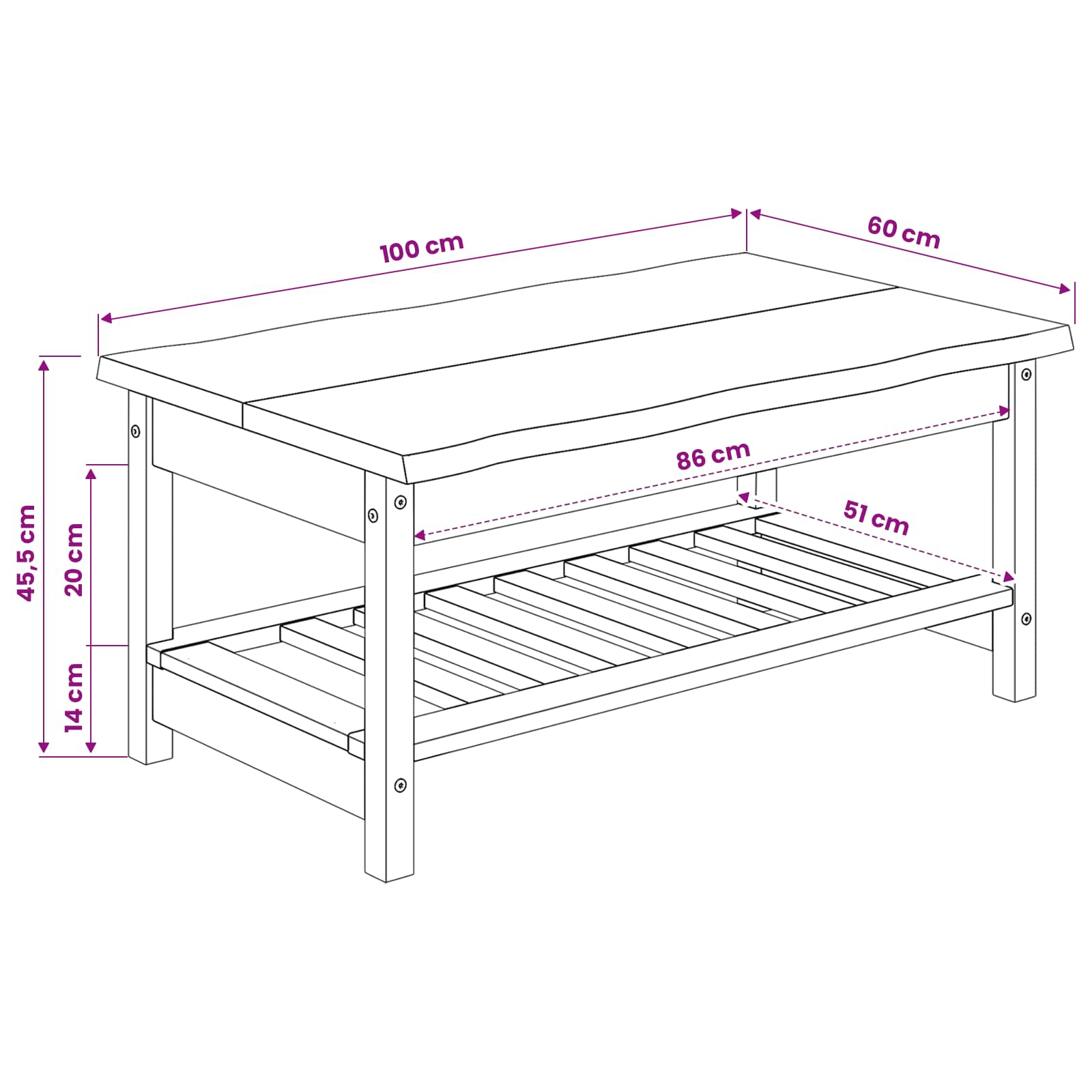 Couchtisch EKAI Schwarz 100 x 60 x 45,5 cm Massives Kiefernholz
