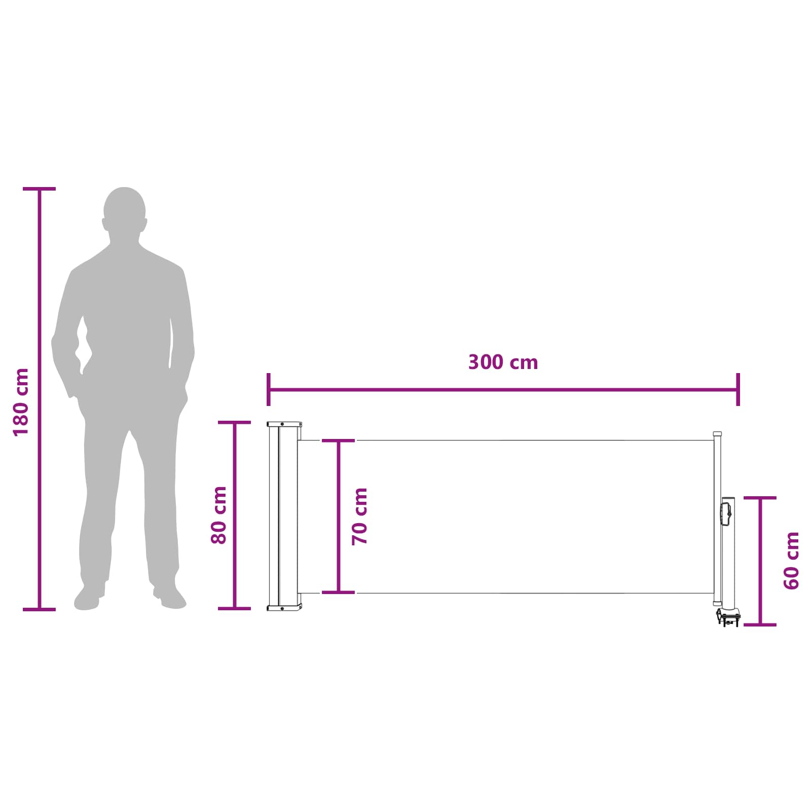 Seitenmarkise 80 x 300 cm 100% Polyester Eisen Stahl Rechteckig