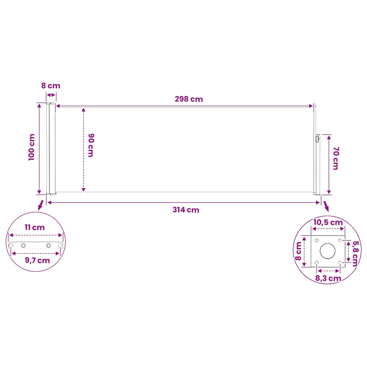 Ausziehbare Seitenmarkise 300 x 100 cm Polyester Rechteckig