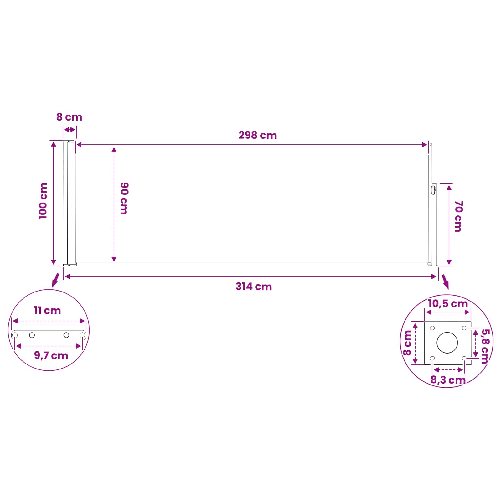 Ausziehbare Seitenmarkise 300 x 100 cm Polyester Rechteckig
