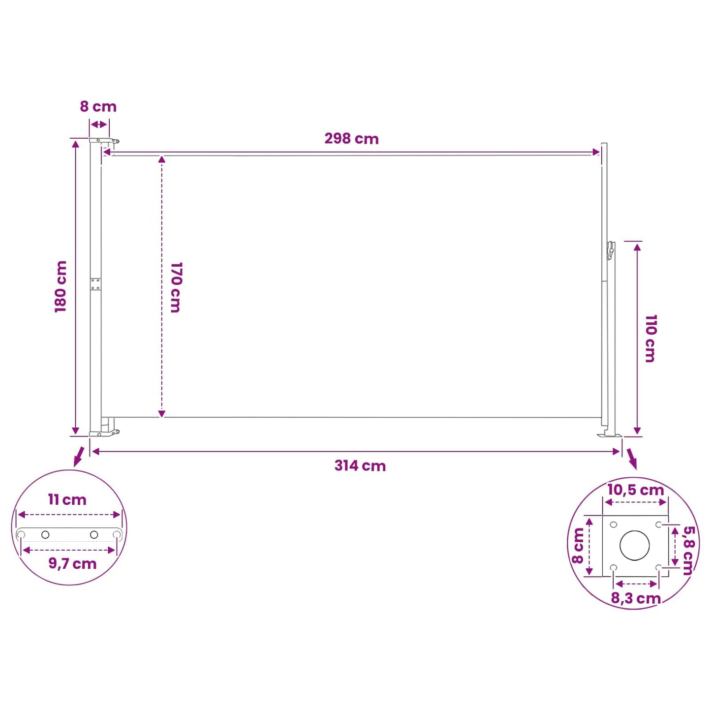 Ausziehbare Seitenmarkise 180 x 300 cm Polyester Rechteckig