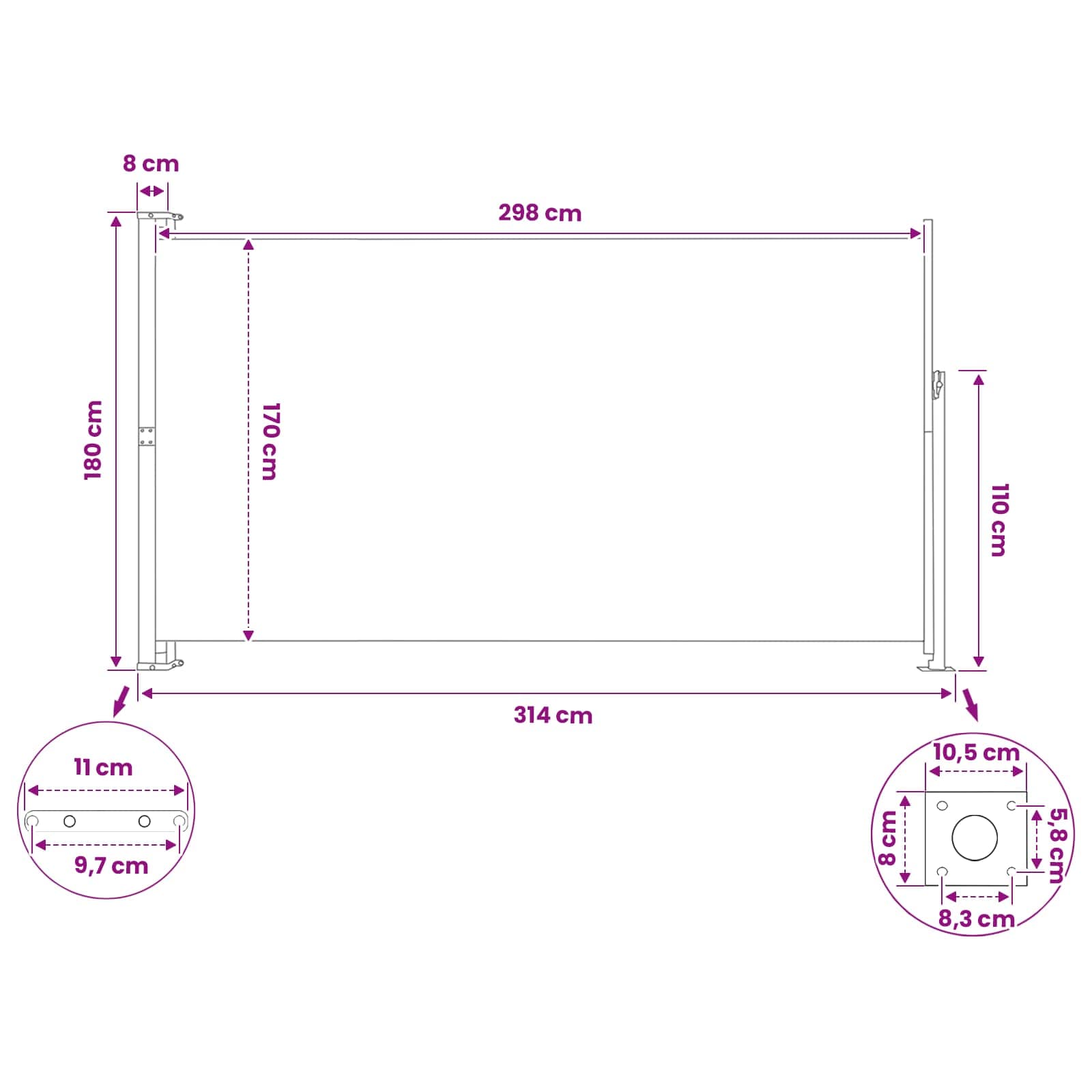 Ausziehbare Seitenmarkise 180 x 300 cm Polyester Rechteckig
