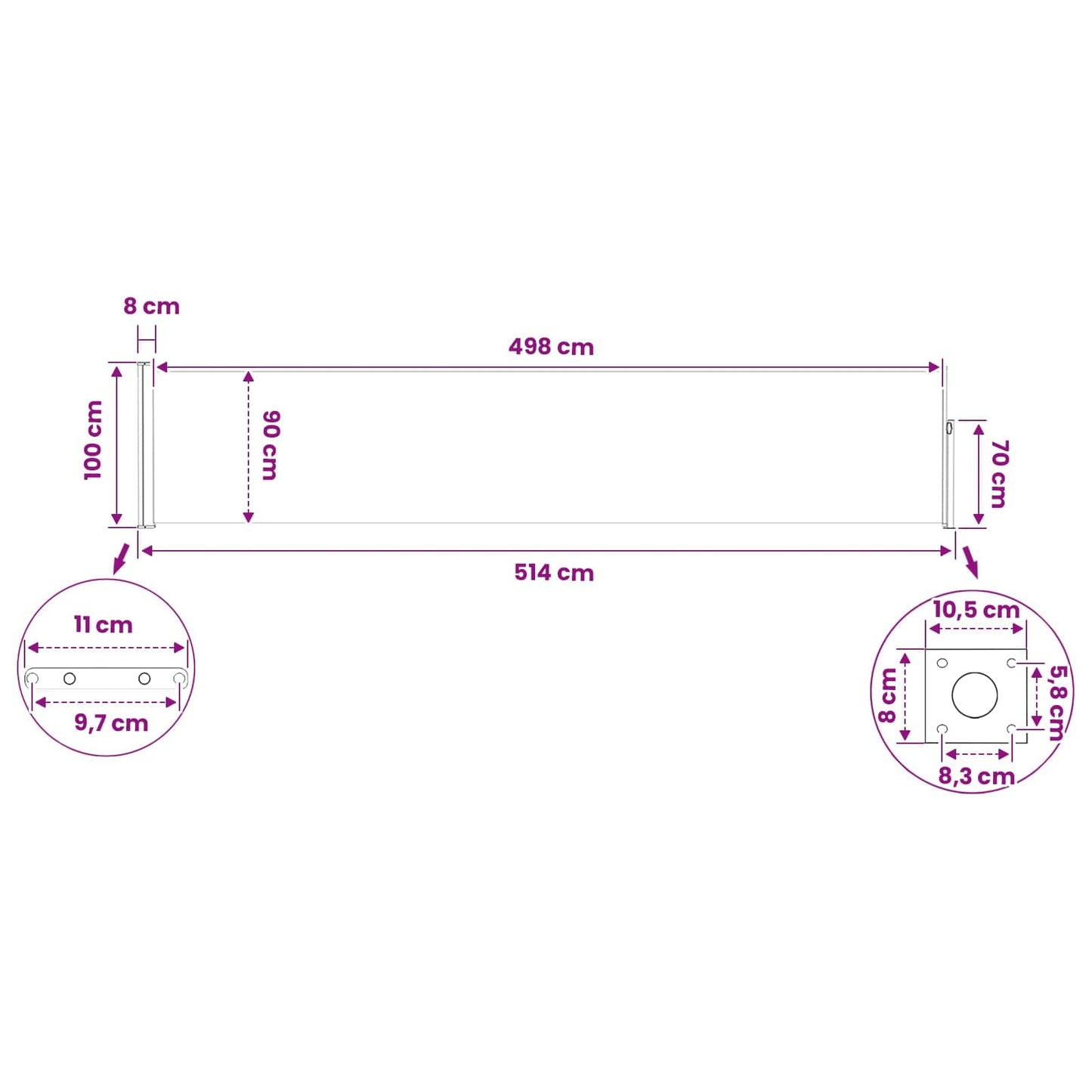 Ausziehbare Seitenmarkise 500 x 100 cm Polyester Rechteckig