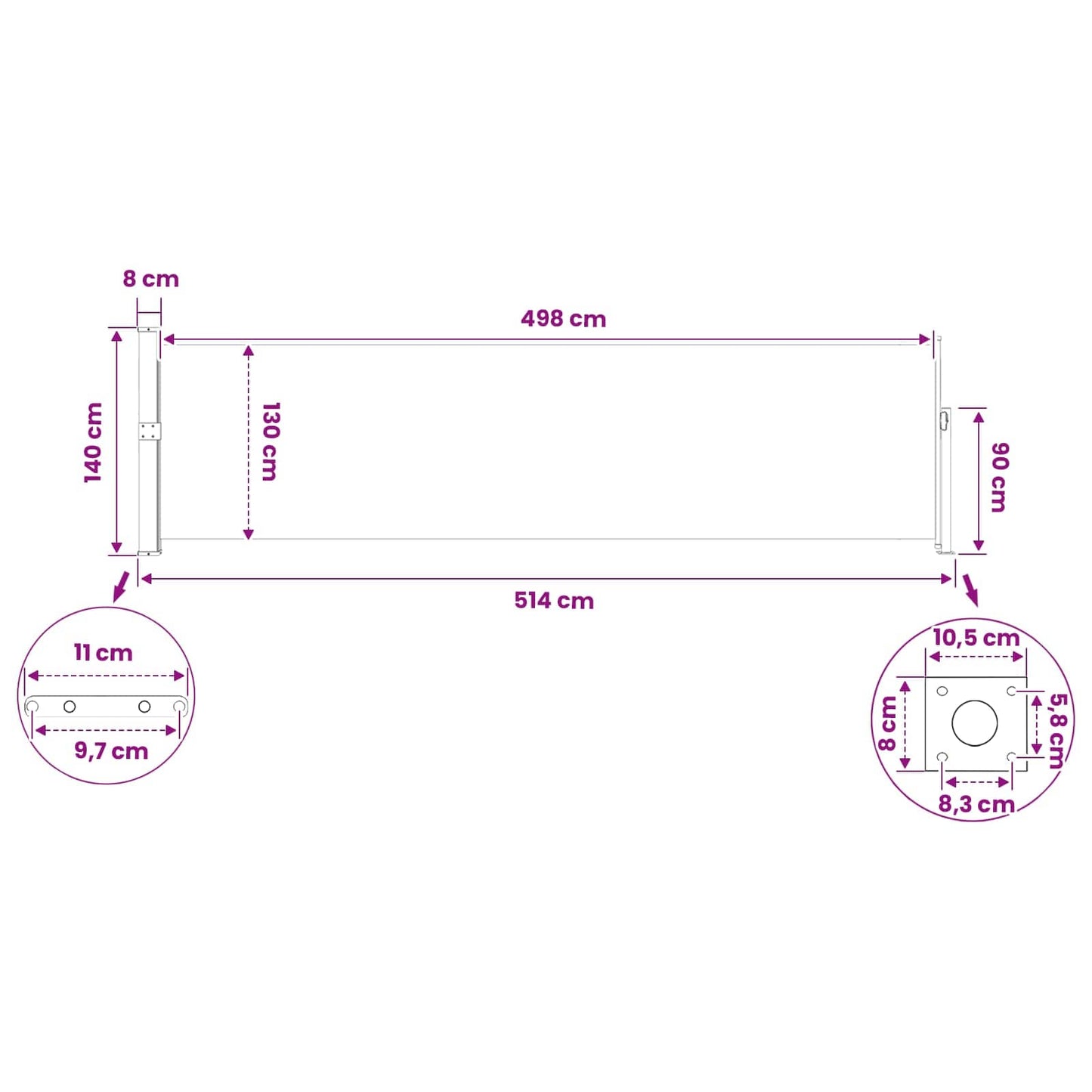 Ausziehbare Seitenmarkise 140 x 500 cm Polyester Rechteckig