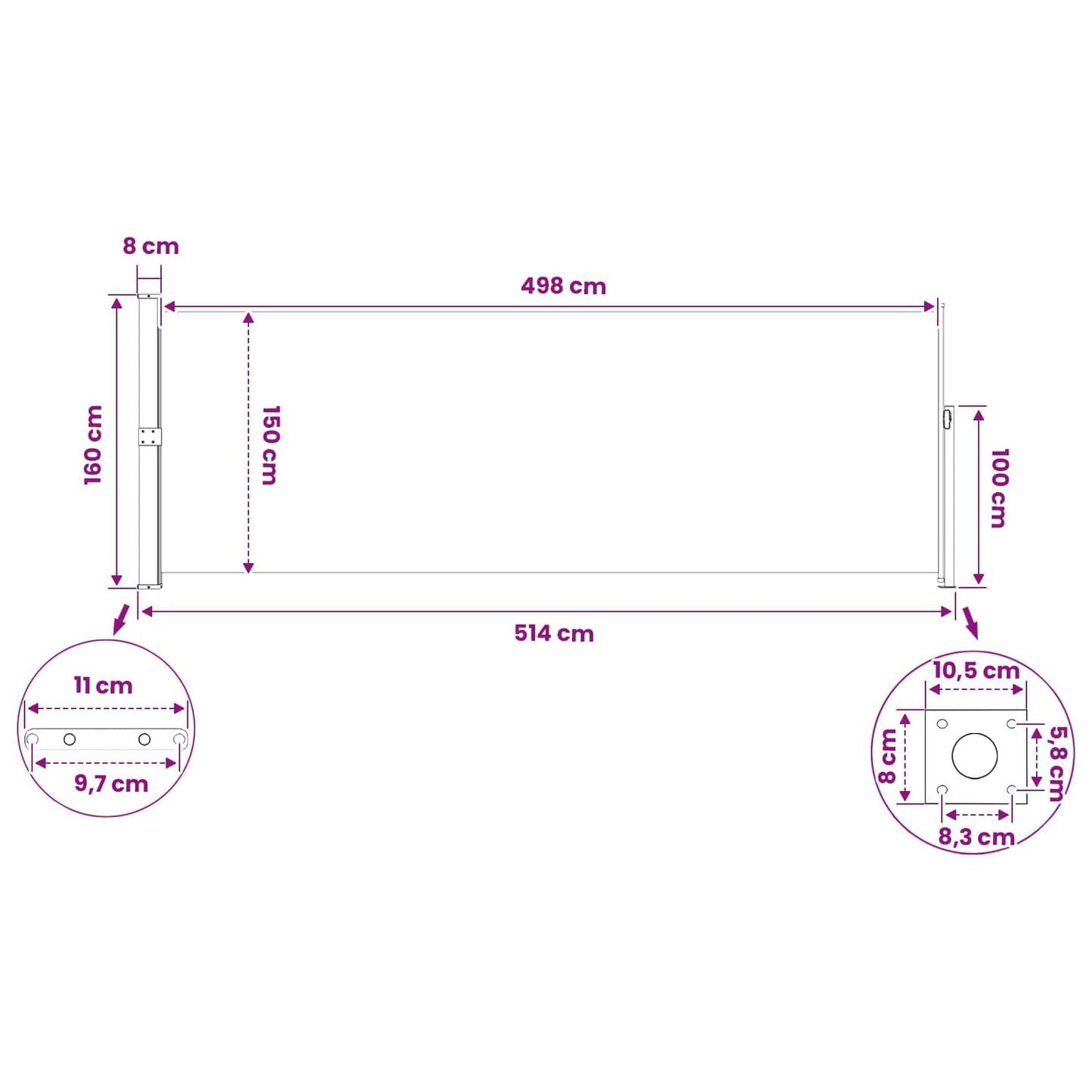 Ausziehbare Seitenmarkise 160 x 500 cm Polyester Rechteckig