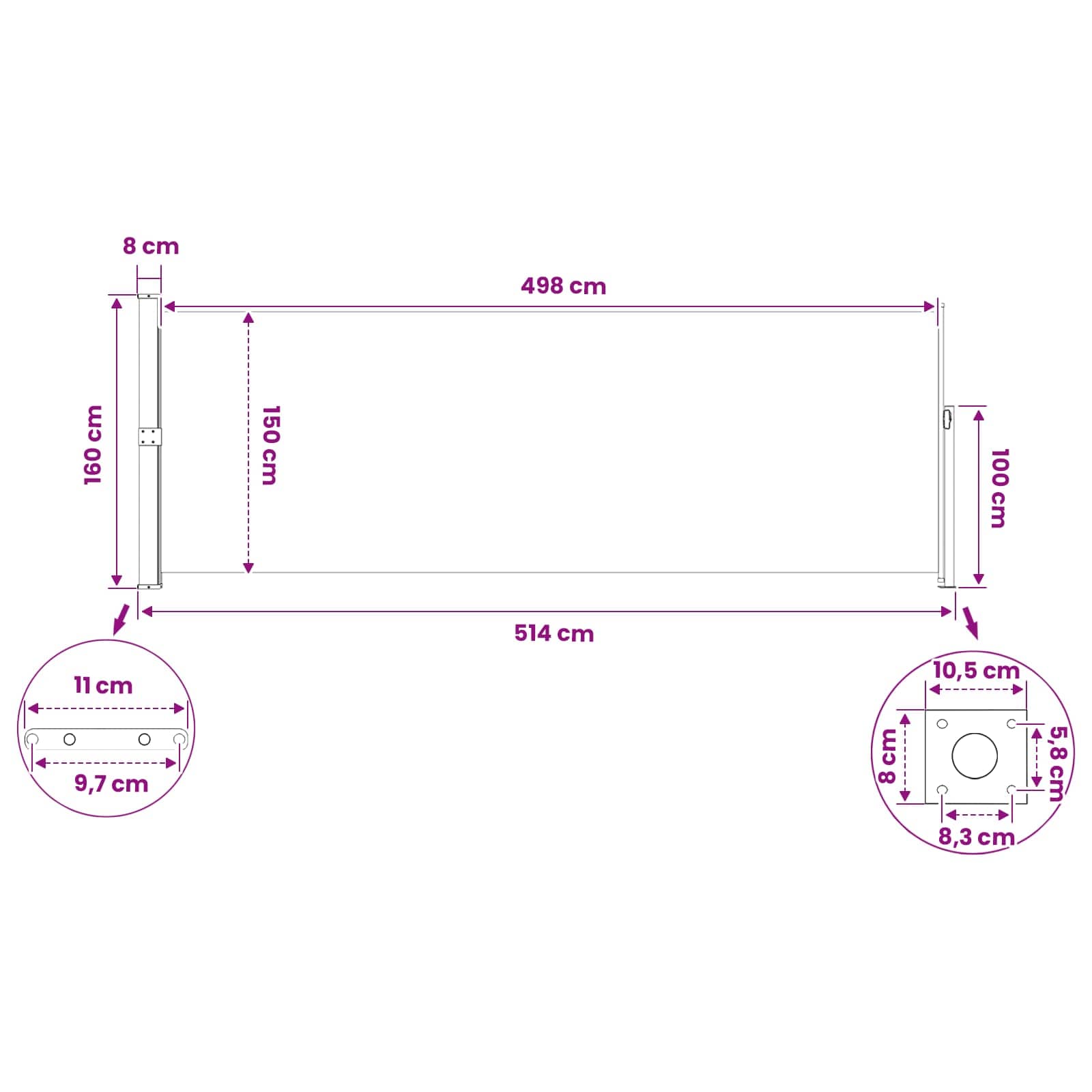 Ausziehbare Seitenmarkise 160 x 500 cm Polyester Rechteckig