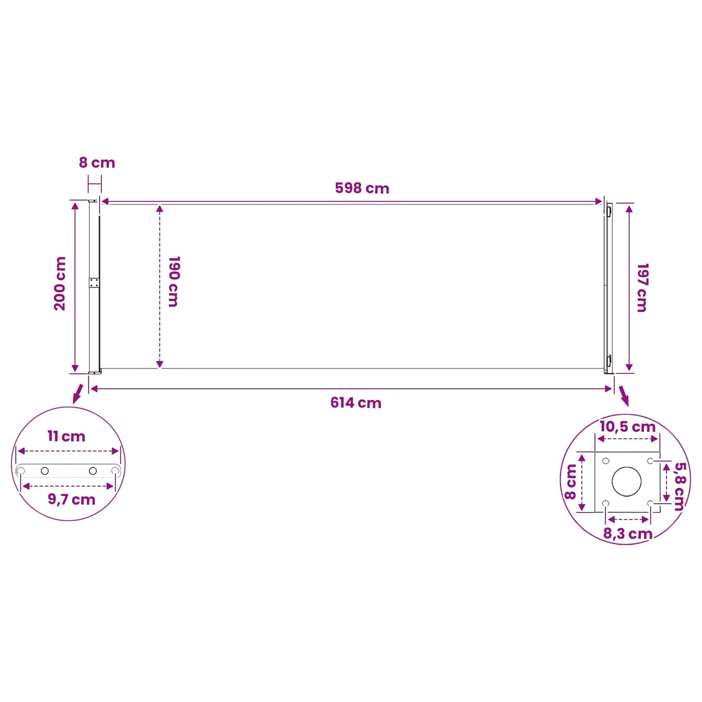 Ausziehbare Seitenmarkise 200 x 600 cm Polyester Rechteckig