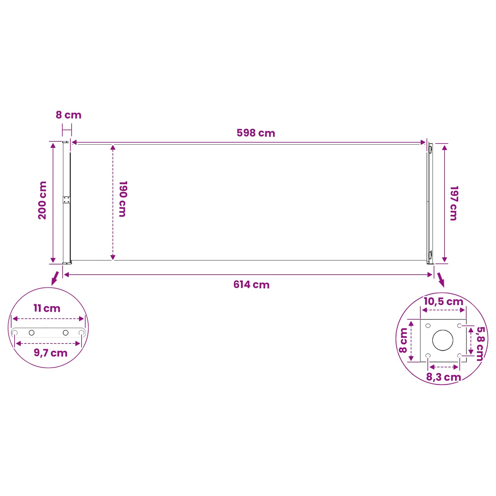 Ausziehbare Seitenmarkise 200 x 600 cm Polyester Rechteckig