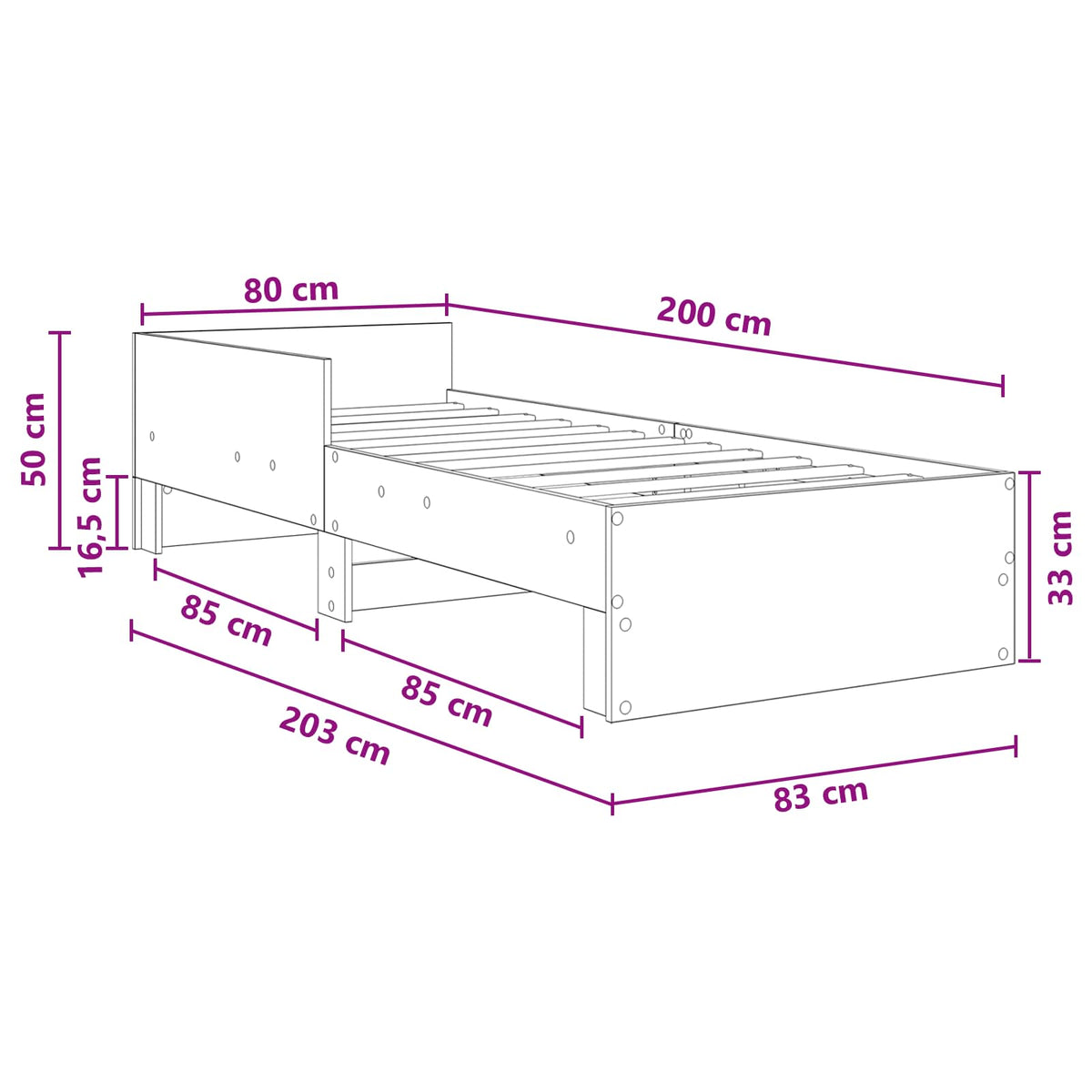 Bettgestell mit Kopfteil Schwarz Eichen-Optik 80 x 200 cm