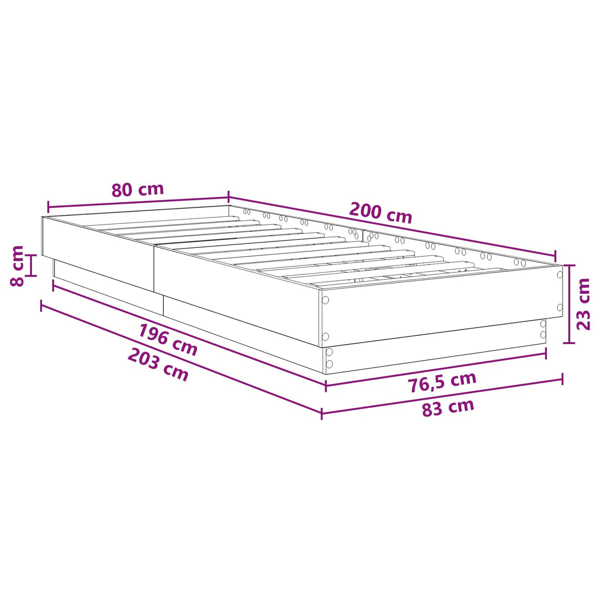 Bodenbettgestell Schwarz Eichen-Optik 80 x 200 cm Holzwerkstoff