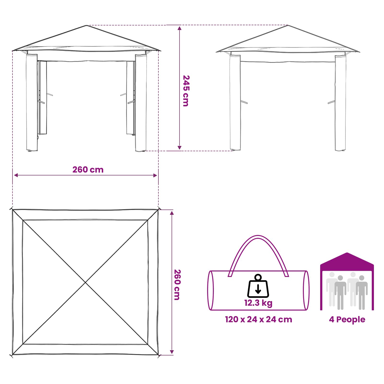 Gazebo ohne Seitenwand 2,6 x 2,6 m Hellgrau und Anthrazit