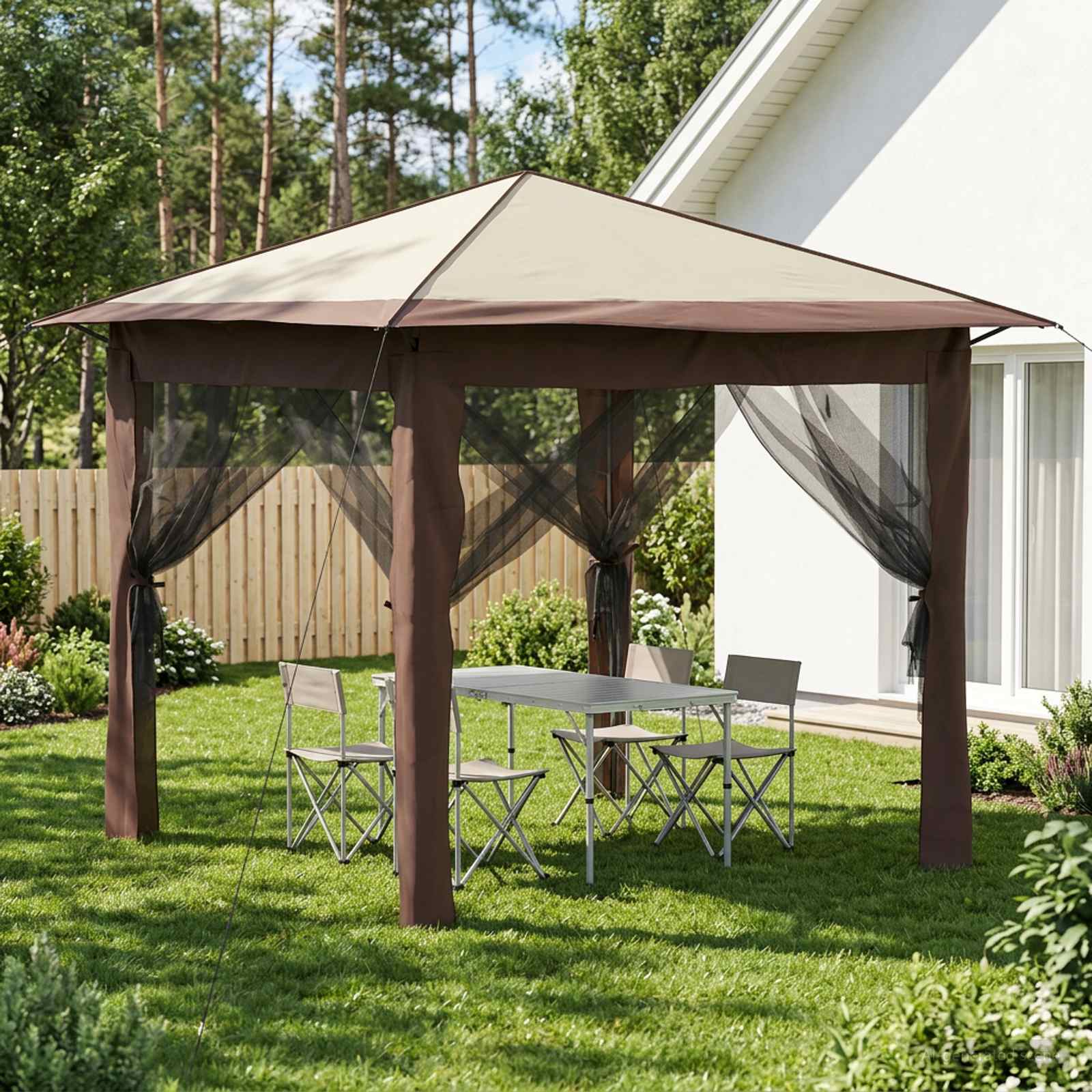 Gazebo mit 4 Seitenwänden 2,6 x 2,6 m Creme und Braun
