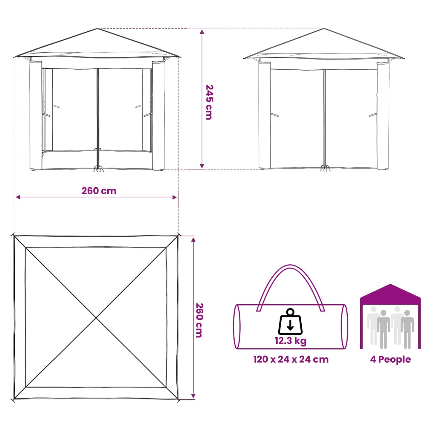 Gazebo mit 4 Seitenwänden 2,6 x 2,6 m Beige und Braun