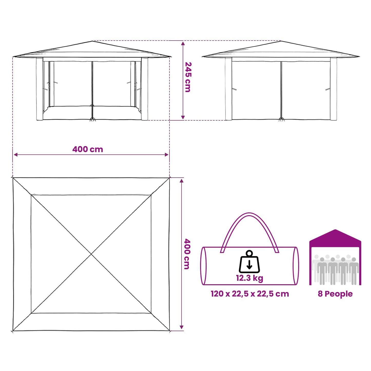 Pavillon mit 4 Seitenwänden 4 x 4 m Hellgrau und Anthrazit