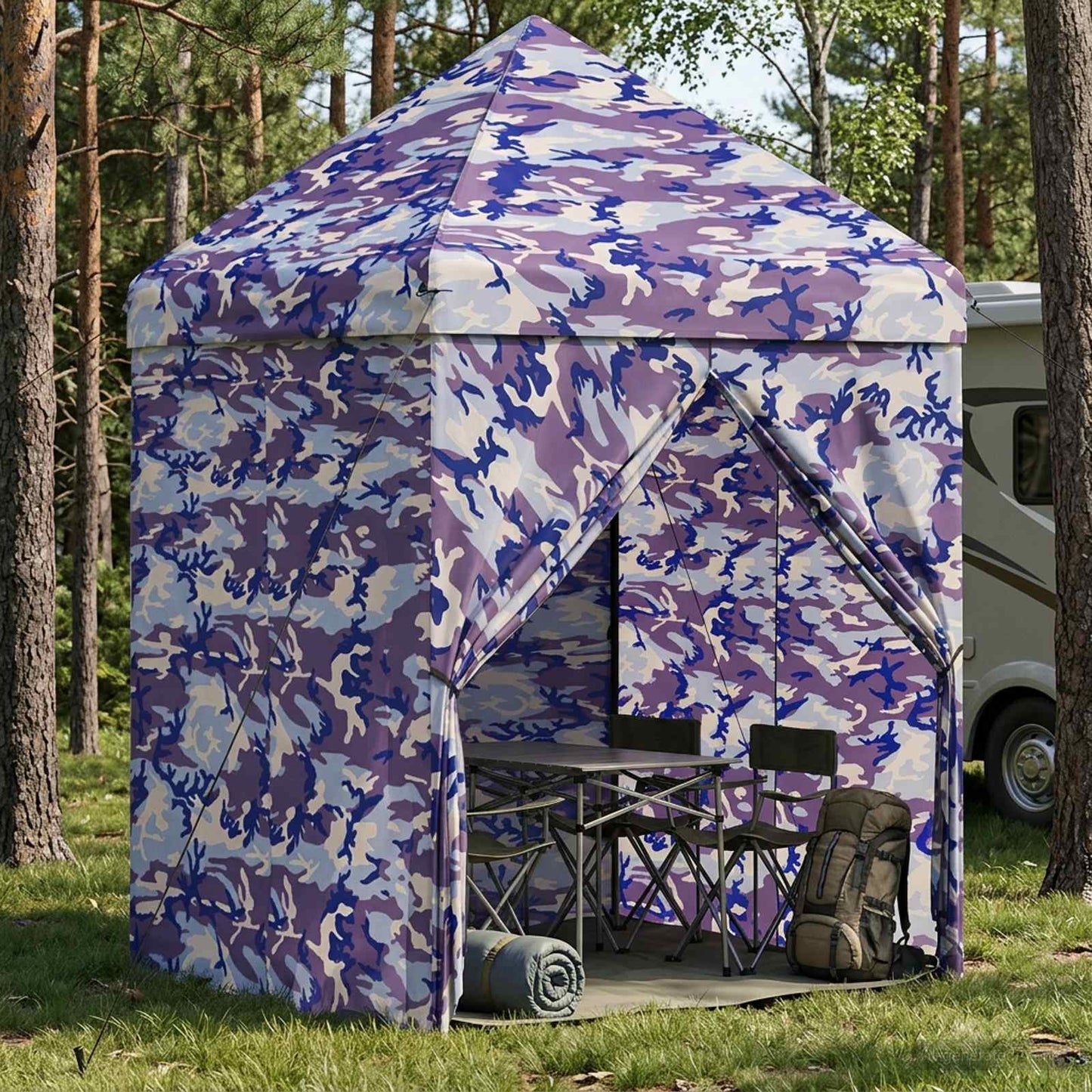Pop-up Pavillon mit 4 Seitenwänden 2,9 x 2,9 m Blaue Camouflage