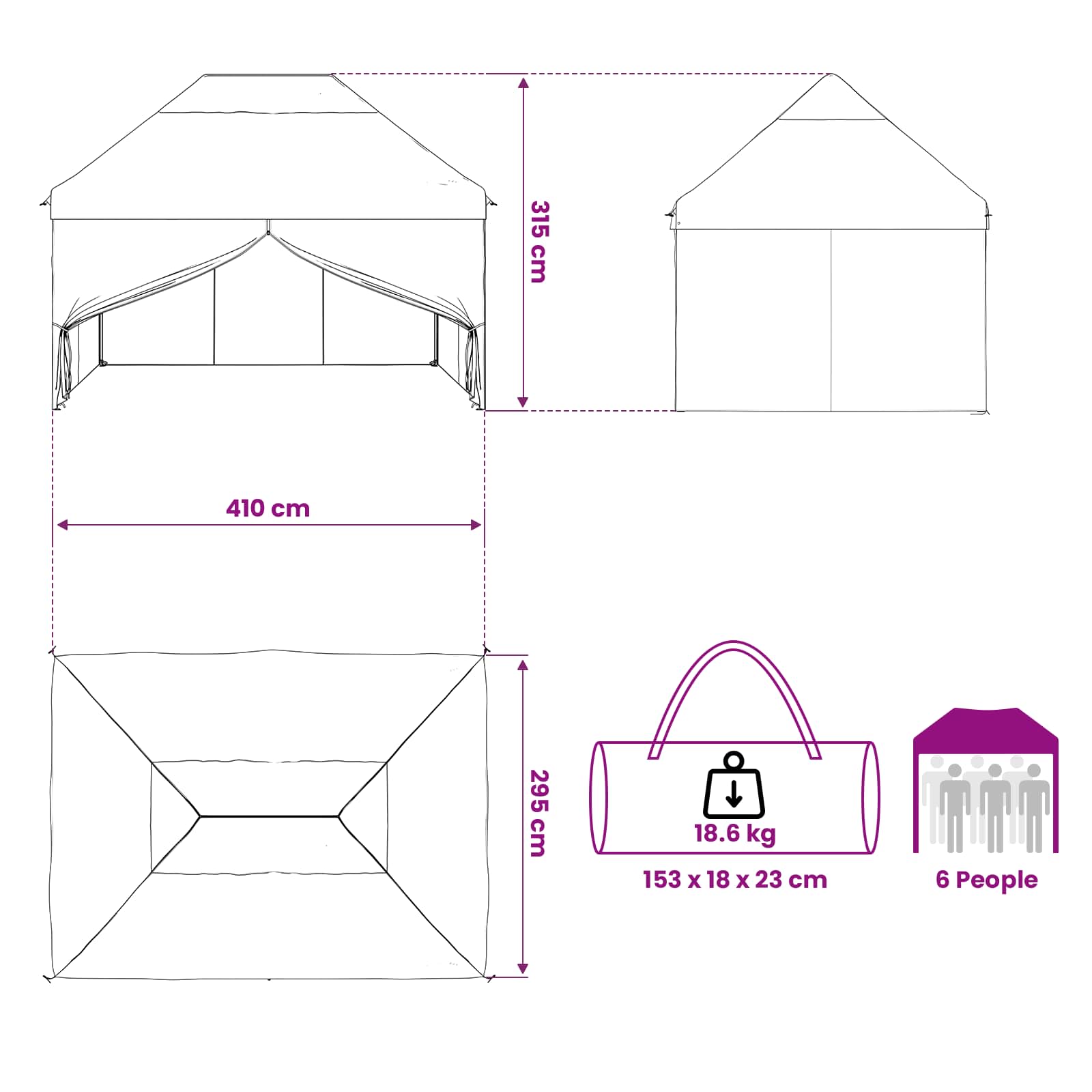 Pop-up Pavillon mit 4 Seitenwänden 2,95 x 4,1 m