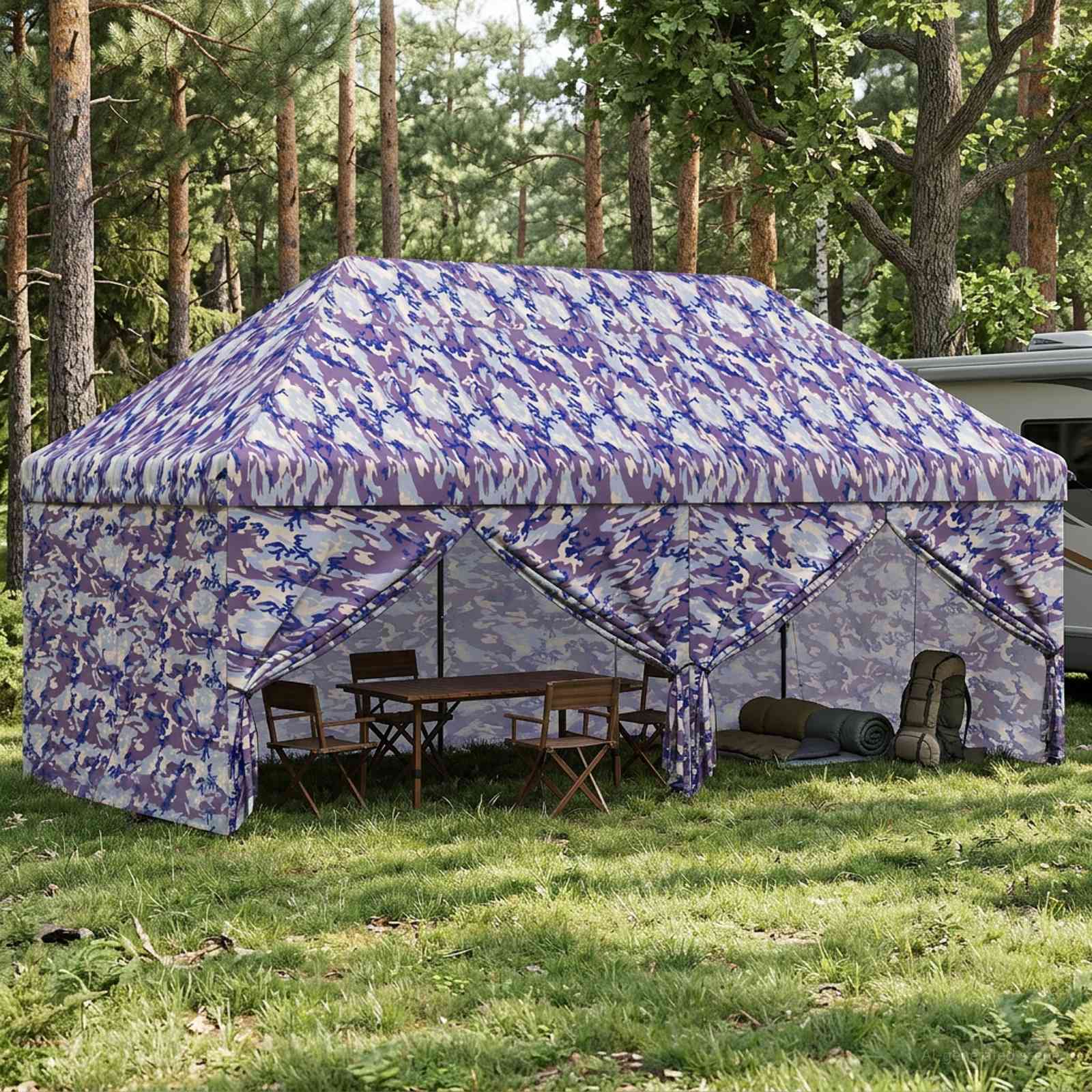 Pop-up Pavillon mit 4 Seitenwänden 3 x 6 m Blaue Camouflage