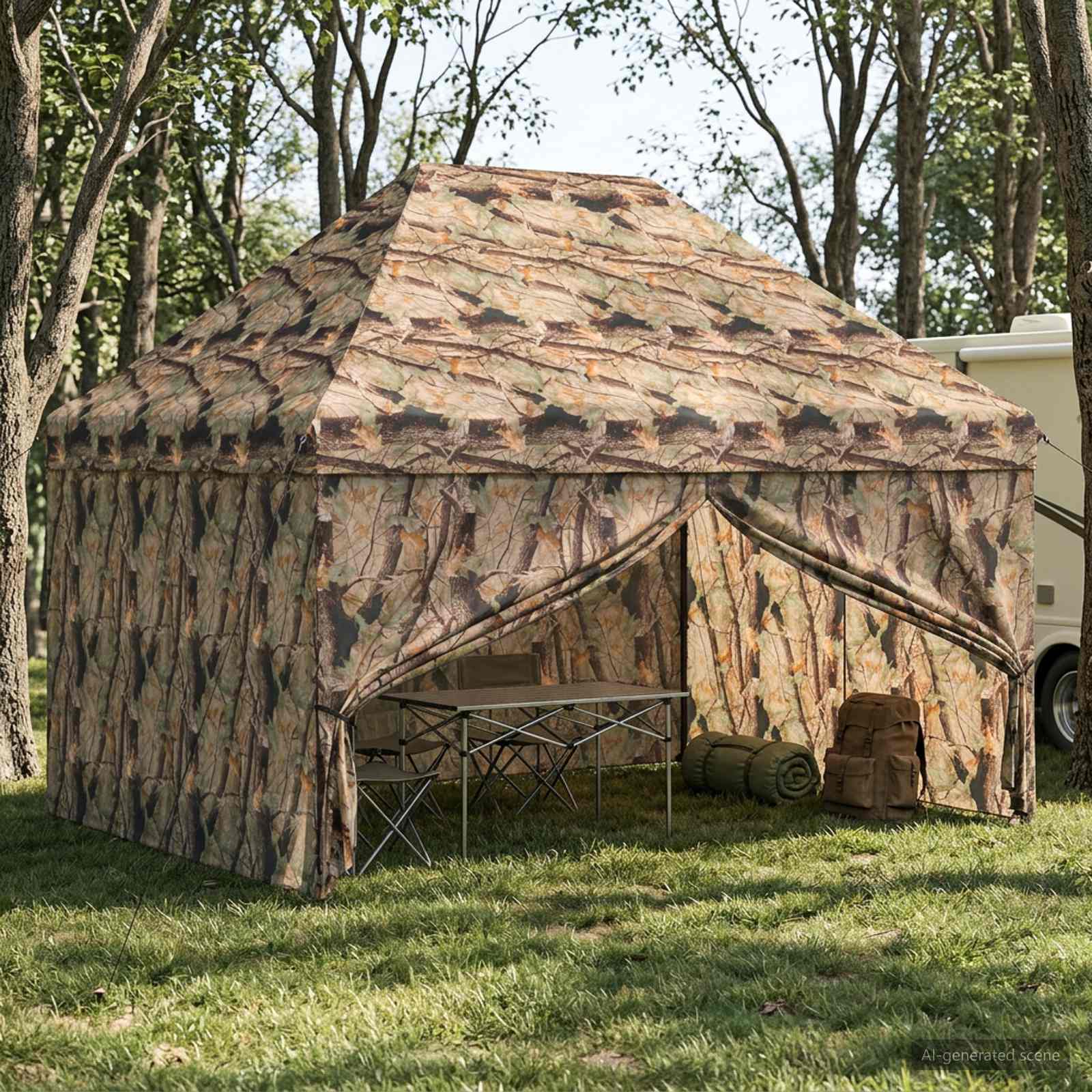 Pop-up Pavillon mit 4 Seitenwänden 3 x 4 m Wald-Tarnfarbe