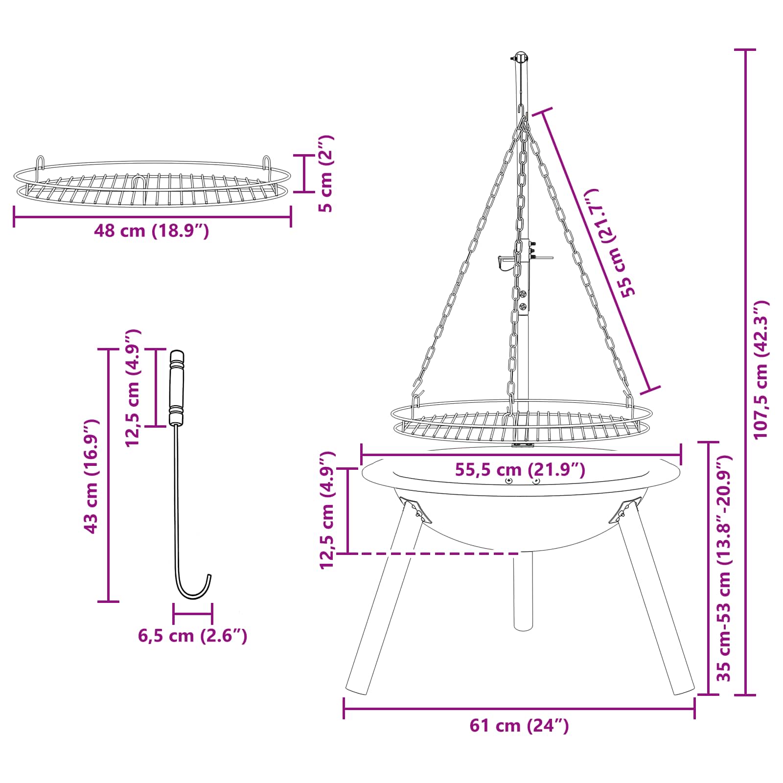 Feuerschale mit höhenverstellbarem Grillrost ⌀55,5 x 107,5 cm